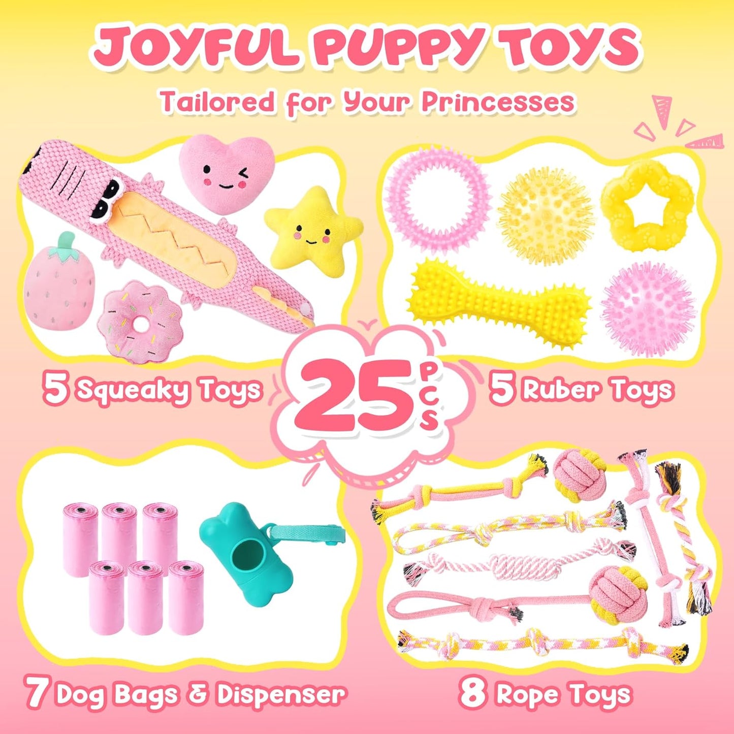 KIPRITII 25-Pack Pink Dreamy Dog Toy Set for Small Female Puppies - Includes Sweet Rope Toys, Chew Toys, Cute No-Stuffing Squeaky Dog Toy for Boredom and Teething