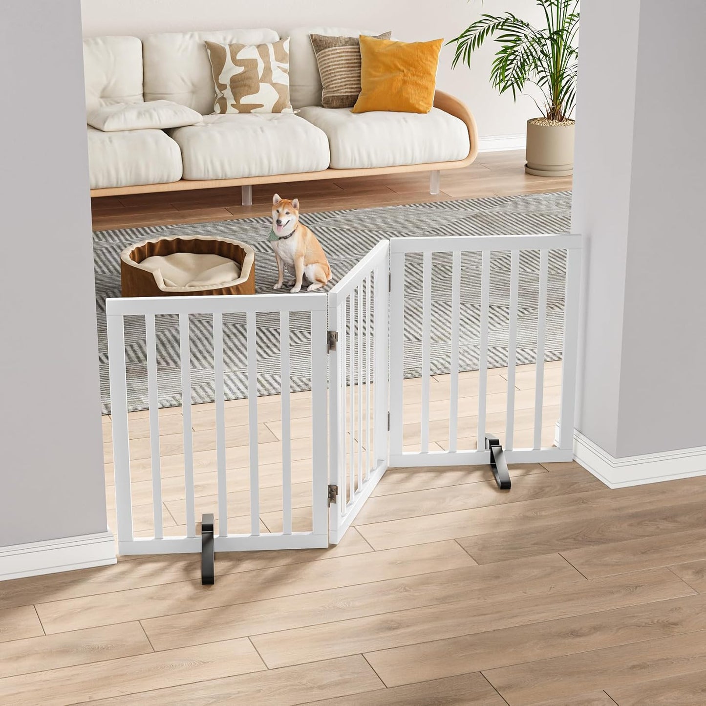 Dog Gates for The House Freestanding Foldable Pet Gates for Doorways 3 Panels 24'' Tall with 2PCS Support Feet Wooden White Dog Gate for Stairs