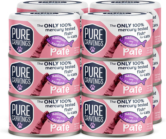 Salmon and Sardine Pate, Canned Wet Cat Food, 100% Mercury-Tested, Moist Can Fish, Grain-Free Protein, Non-GMO, 12 Pack