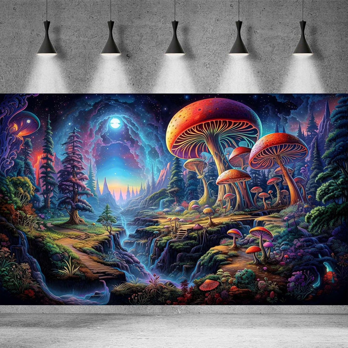 Forest Aquarium Background Fantastic Cartoon Forest Landscape with Mushrooms and Flowers Terrarium Background Fantasy Pine Tree Mysterious Mushroom Theme Fish Tank Backdrop Poster Decor 72x18in
