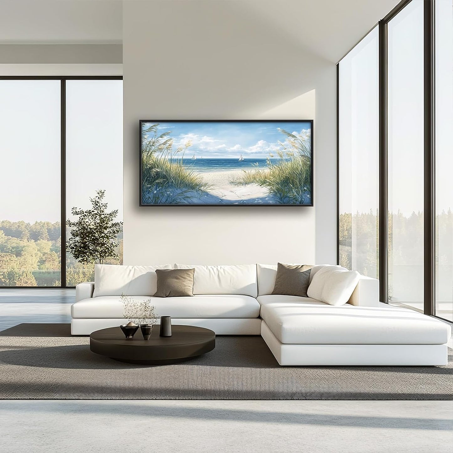 Framed Large Beach Wall Art for Living Room, Oversized Coastal Nautical Wall Decor Sailboat Canvas Seaside Pictures Modern Artwork Home Decoration for Living Room Bedroom Office 60"x30"