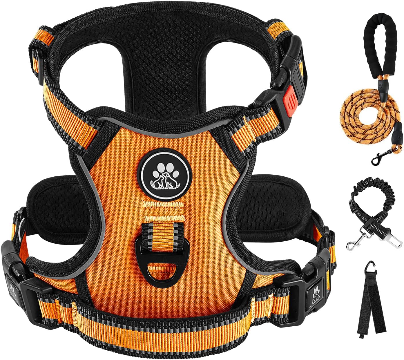 IVY&LANE No Pull Dog Harness for Large Dogs, Dog Vest Harness with Leash, Safety Belt and Storage Strap, Fully Adjustable Harness, 360° Reflective Strip, Soft Handle (Orange, L)