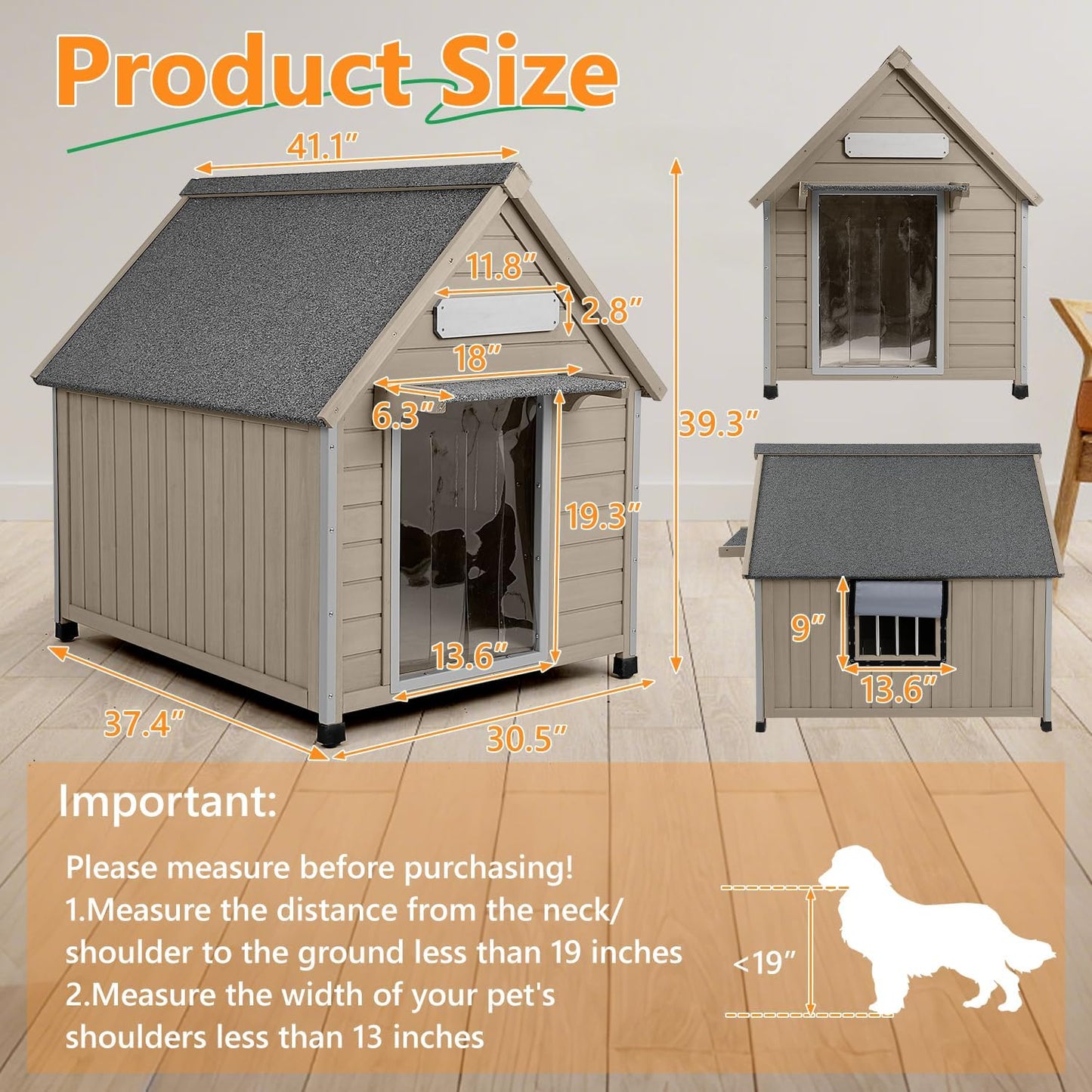 Large Dog House Outdoor Weatherproof, Wooden Dog Kennel Shelter with Anti-Chewing Iron Frame, Removable Floor for Medium to Large Dogs, Easy Clean and Assemble (30.5" L*37.4" W*39.3" H)