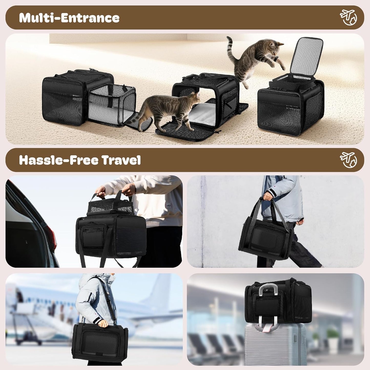 Top and 2 Sides Expandable Cat Carrier 17x11x11, TSA Airline Approved Dog Carriers for Medium Dogs, Soft-Sided Pet Carrier with Self-Locking Zippers for Kitten,Rabbit, Puppy, Guinea Pig Black