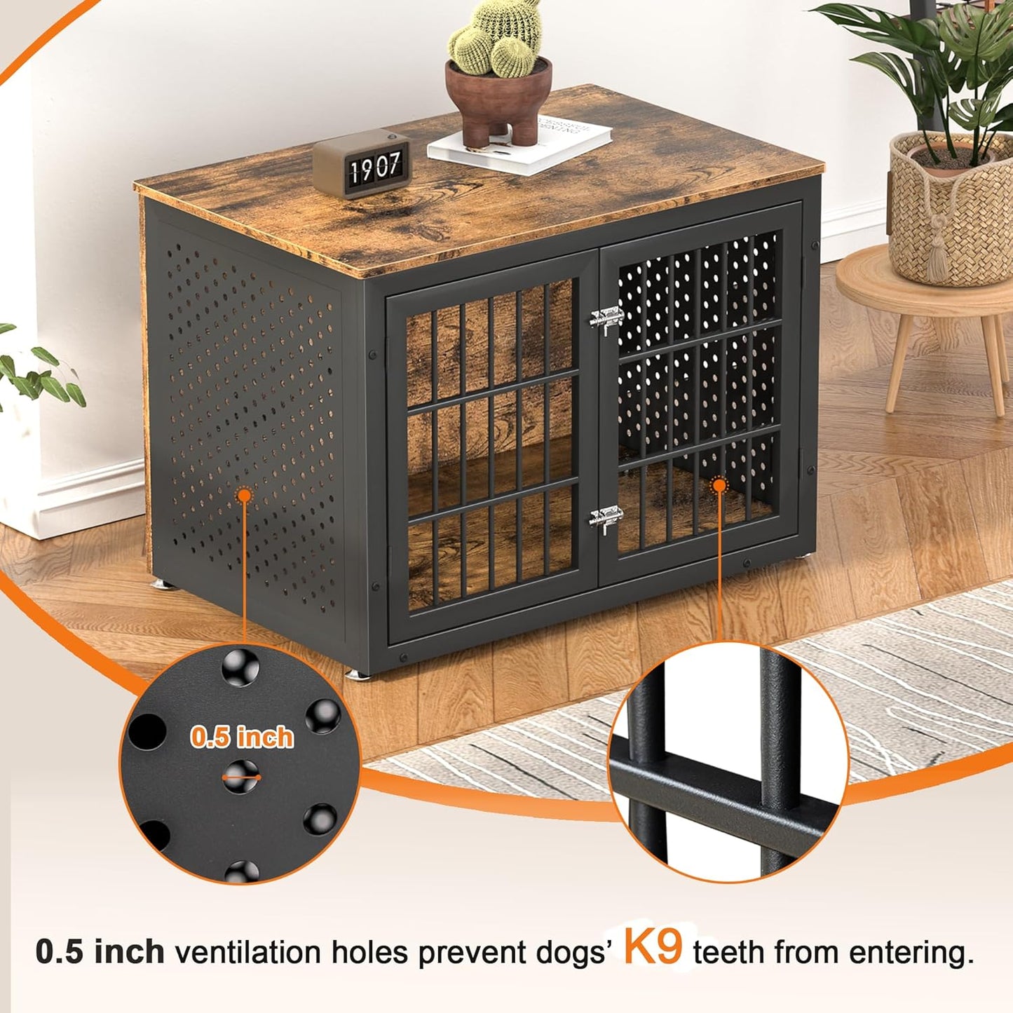 38" Heavy Duty Dog Crate Furniture for Large and Medium Dogs,Wooden Metal Kennel for High Anxiety Dogs, Chew Proof Pet Cage Indoor, Decorative Dog Kennel End Table