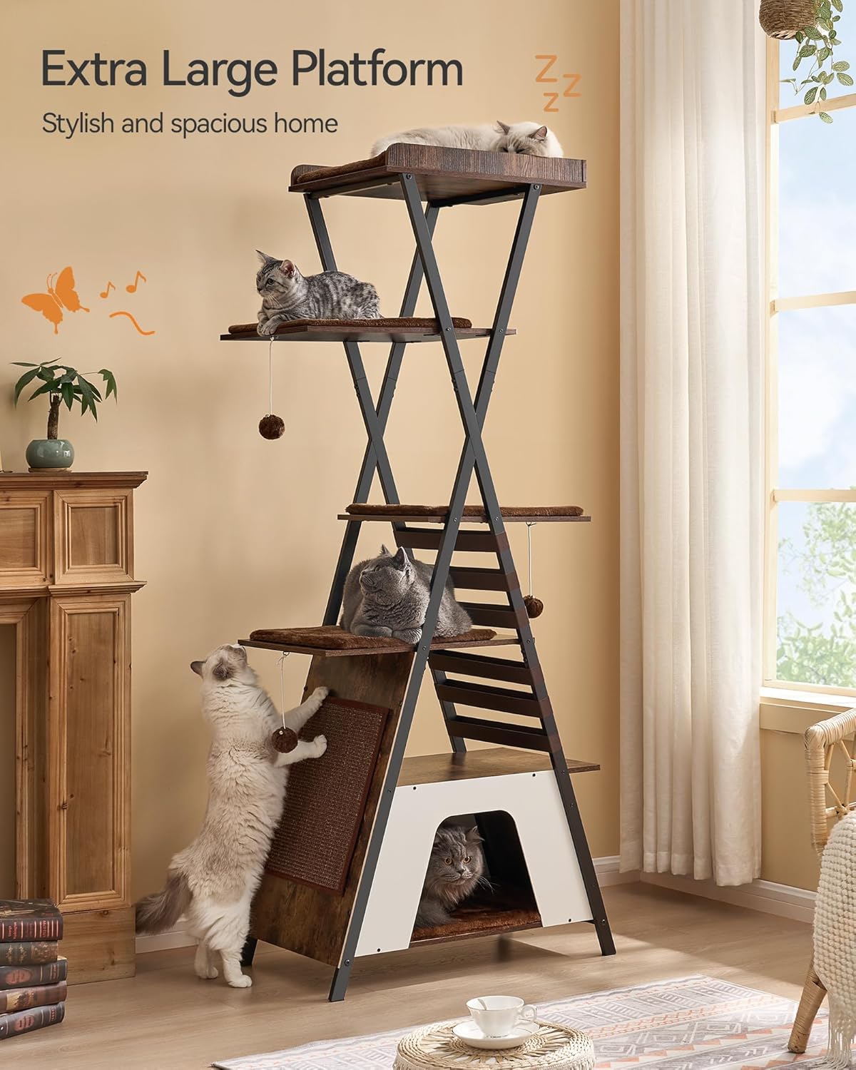 FourFurPets 72.4" Modern Cat Tower for Indoor Cats - Multi-Level Condo With Caves, Tall Tree With Scratching Board, Wooden Tower With Large Perch, Removable Pads, Rustic Brown