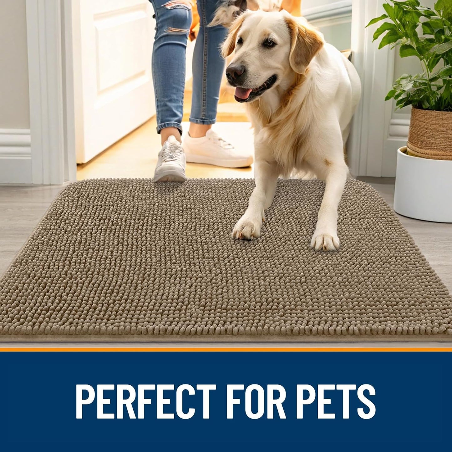 OLANLY Dog Door Mat for Muddy Paws 30x17, Absorbs Moisture and Dirt, Absorbent Non-Slip Washable Doormat, Quick Dry Chenille Mud Mat for Dogs, Entry Indoor Entryway Carpet for Inside Floor, Tan