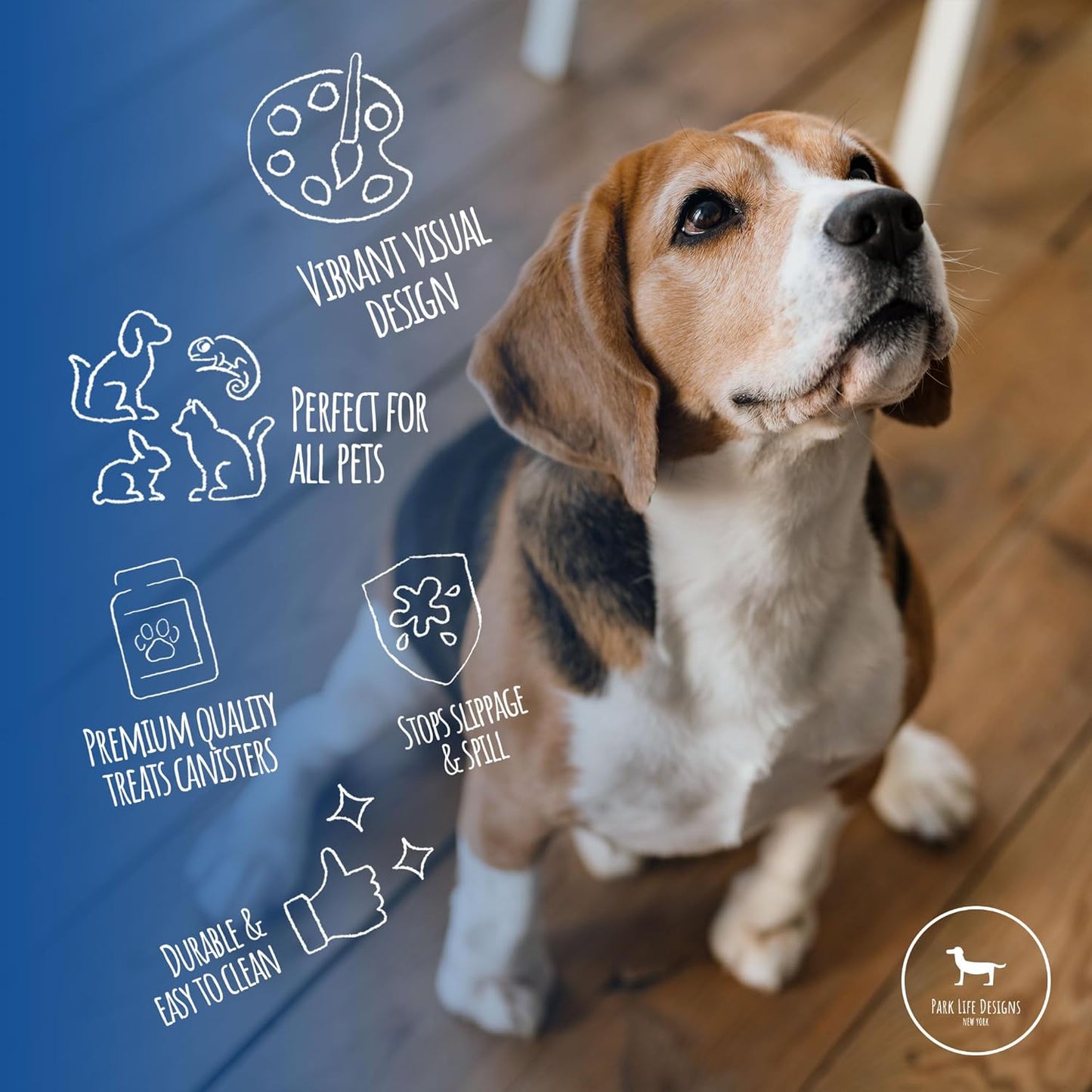 Park Life Designs - Metal Pet Treat Jar with Airtight Lid for Dogs, Cats, Puppies and More, Chic Kitchen Countertop Container for Cookies, Biscuits and Treats (Jasper, Powder Blue, 1.4 Qt)