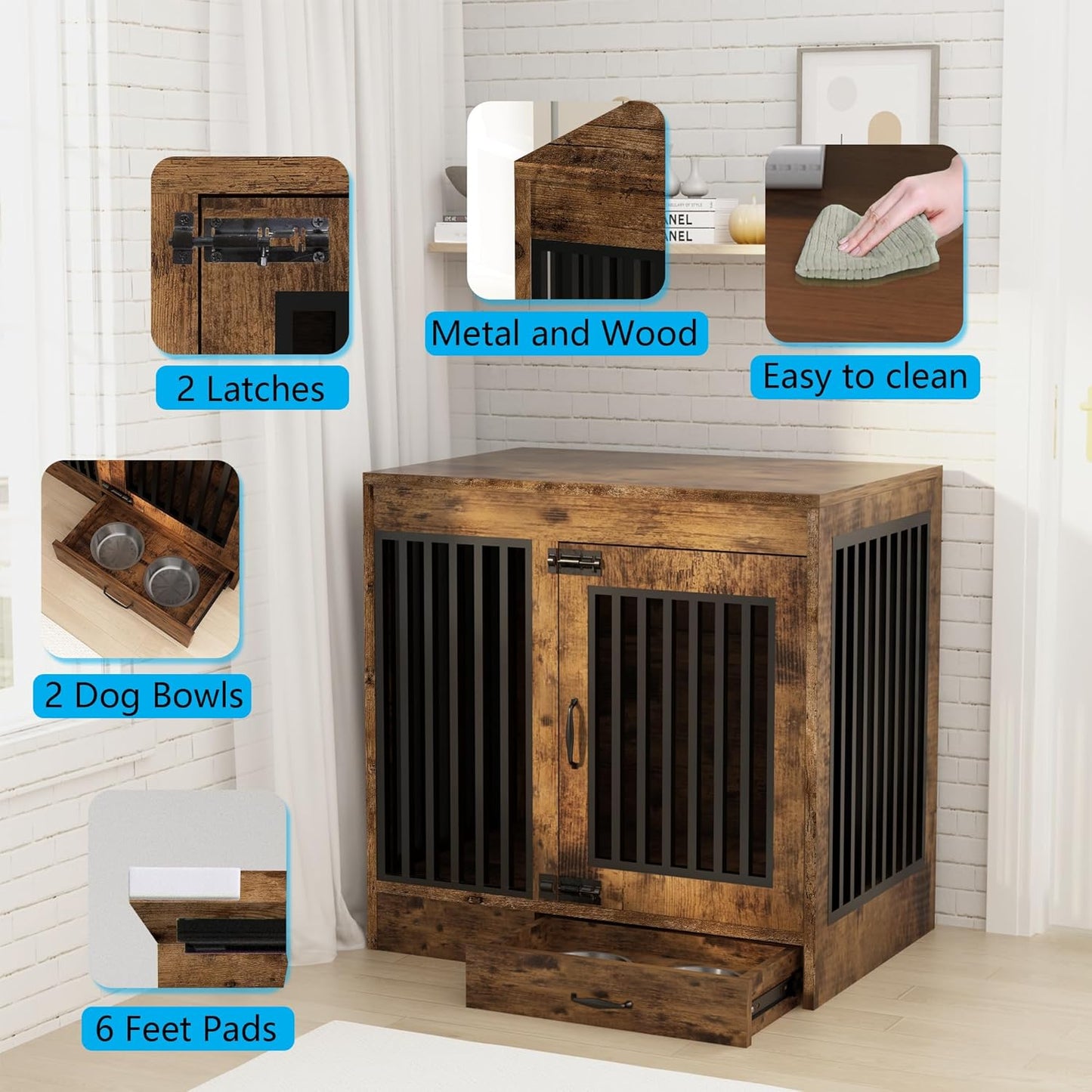Rustic Brown Heavy Duty Furniture Dog Crate, Wood and Metal Kennel Cage, Pet House End Table with Drawer and Pull-Out Design, Dog Home for Indoor use, Medium Size