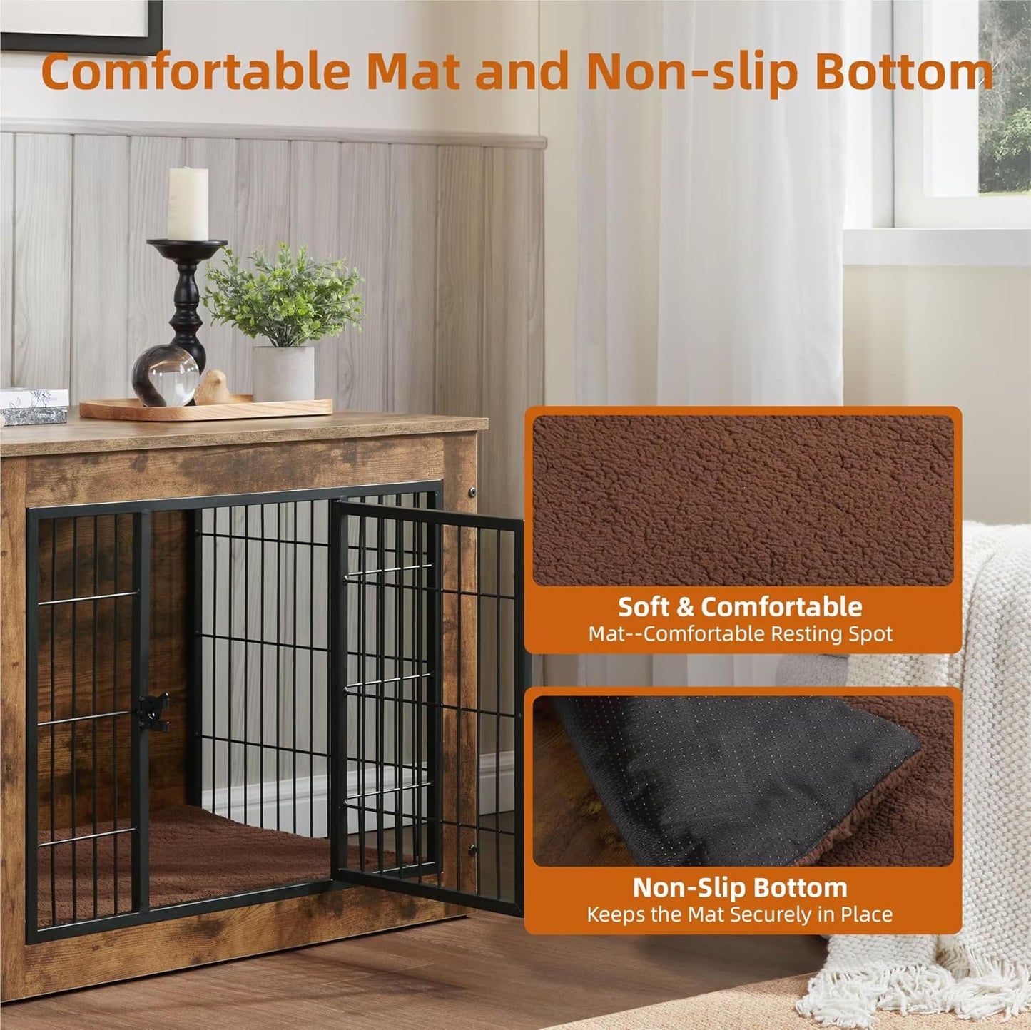 FLEXIMOUNTS Dog Crate Furniture with Cushion, Wooden Dog Kennel Furniture, Heavy Duty Dog Cage, 40" Dog Kennel with Double Doors, L