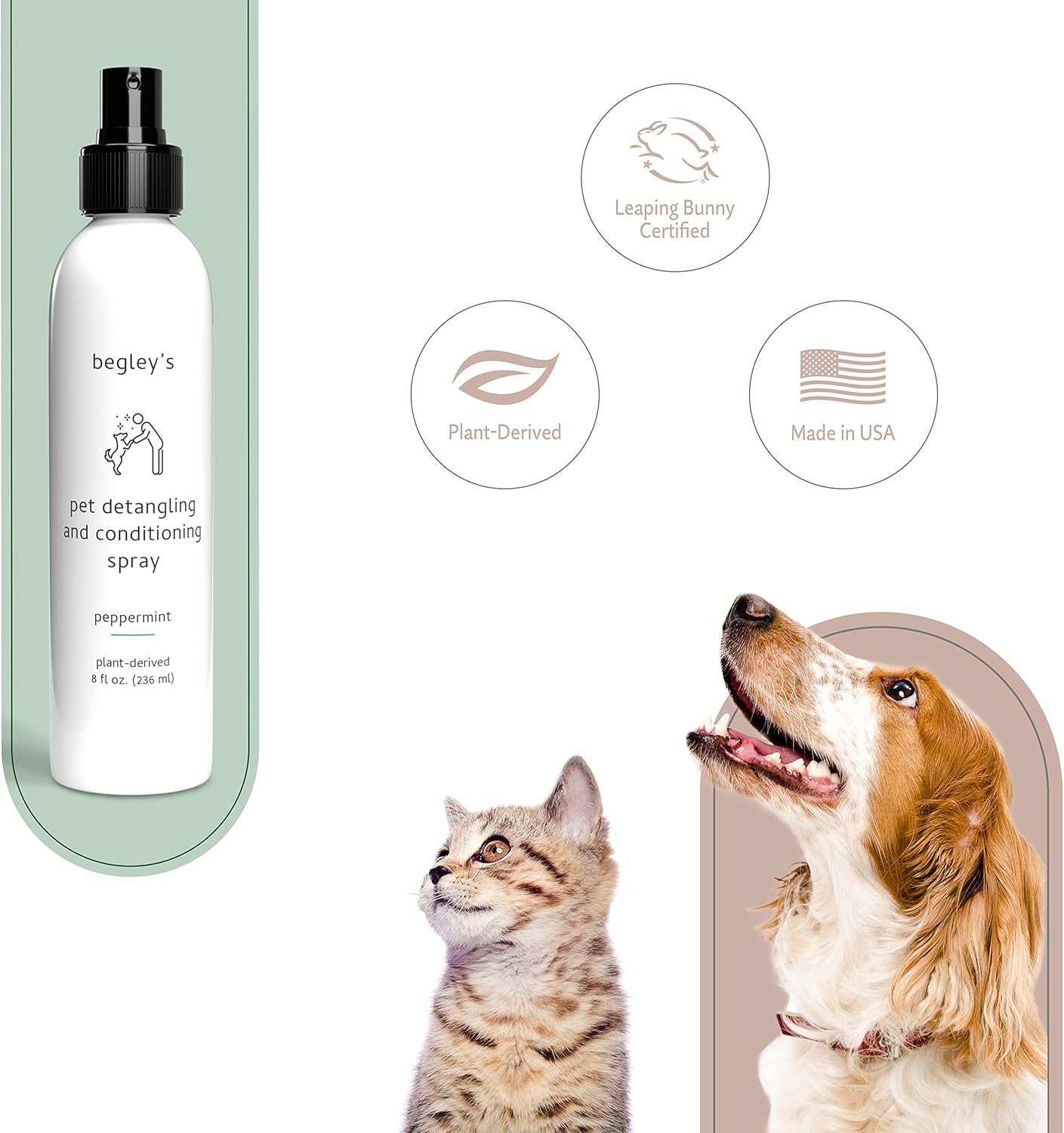 Begley's Pet Detangling Spray - Premium Essential Oil Scented Detangler Spray for Dogs, Puppies & Cats - Dog Leave in Conditioner Spray - Dematting Spray for Dogs & Pets - 8 oz, Peppermint