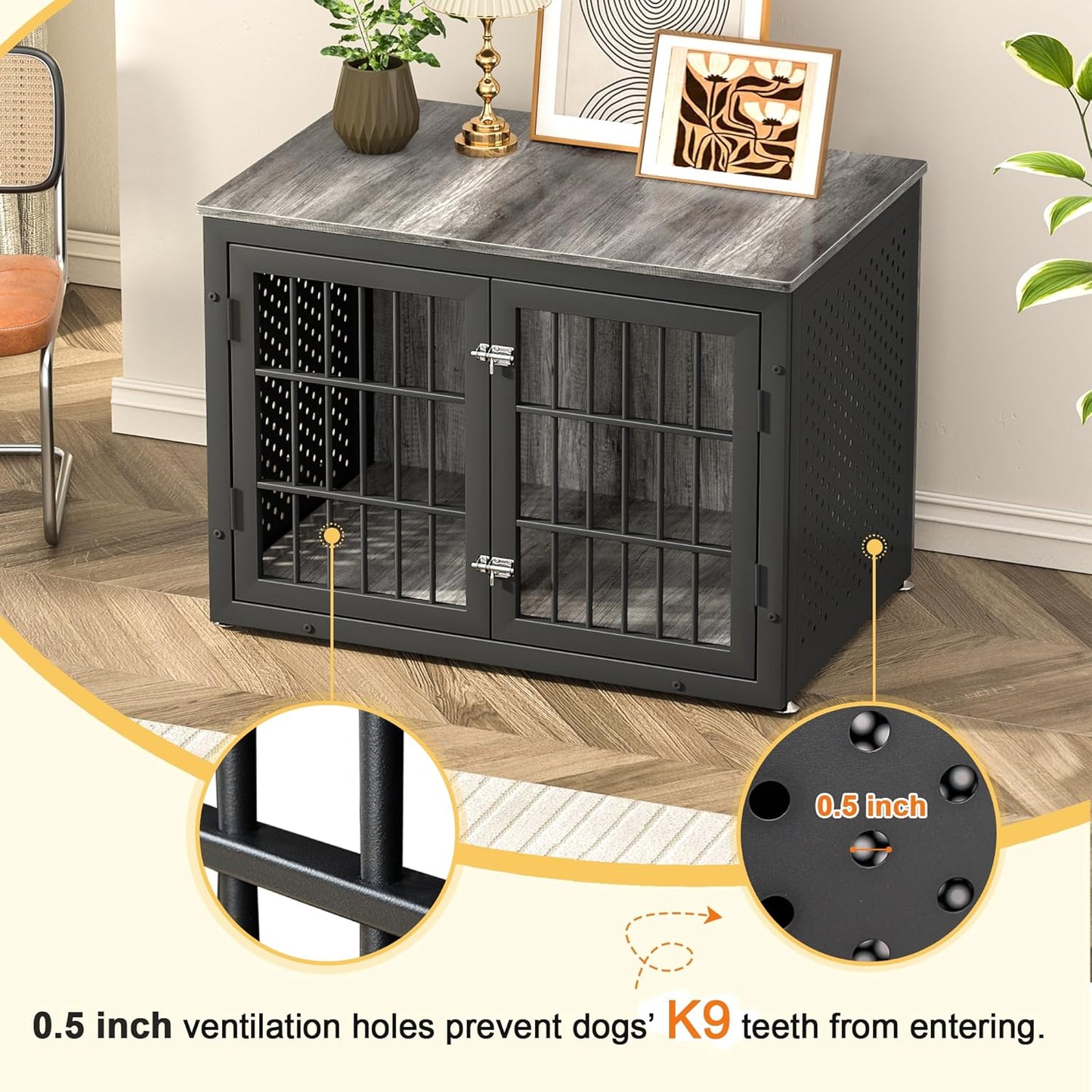 38" Heavy Duty Dog Crate Furniture for Large and Medium Dogs,Wooden Metal Kennel for High Anxiety Dogs, Chew Proof Pet Cage Indoor, Decorative Dog Kennel End Table