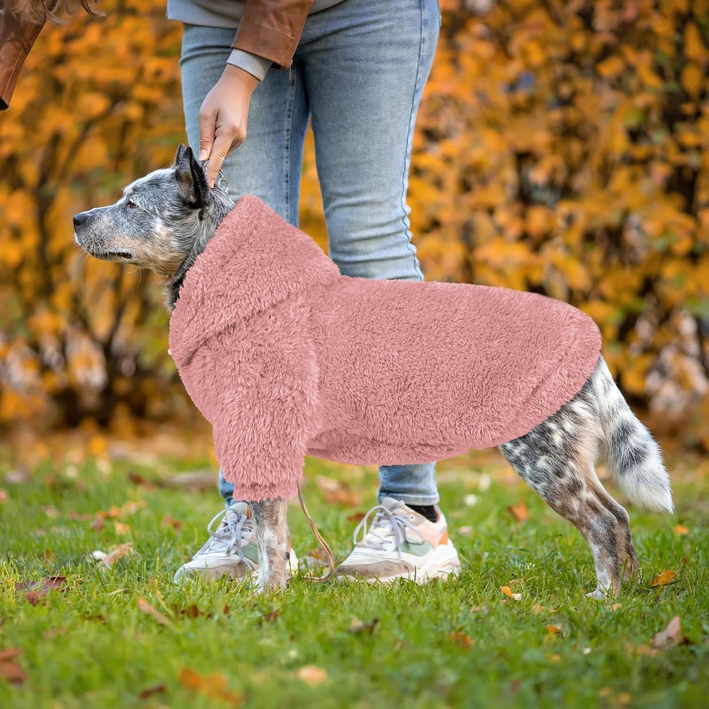 Fuzzy Dog Sweaters for Large Dogs Dog Hoodie Soft Double-Sided Plush Fleece Pet Sweater Clothes Coats Pet Hoodie Sherpa Hooded Sweatshirt(Pink-XL)