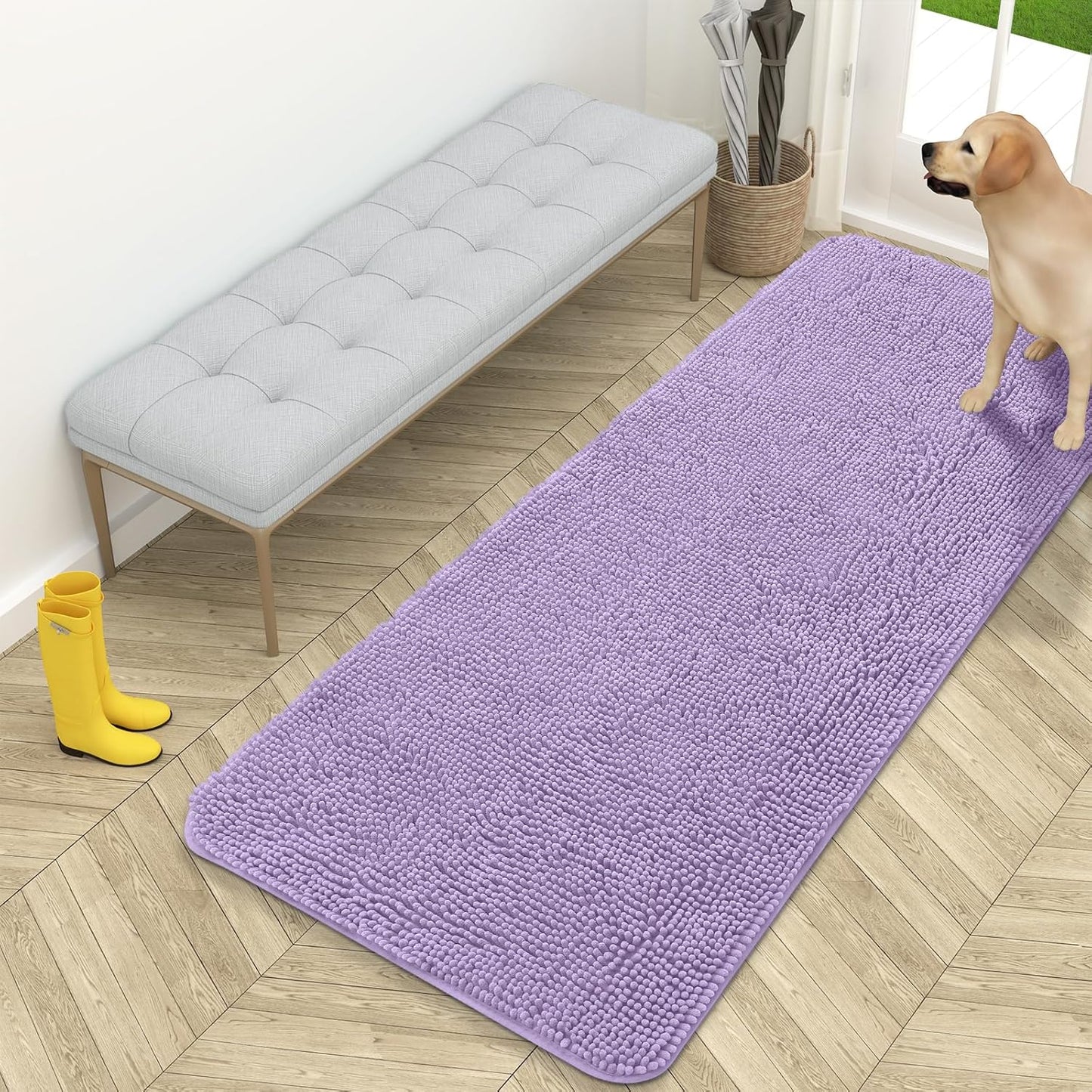 OLANLY Dog Door Mat for Muddy Paws 59x24, Absorbs Moisture and Dirt, Absorbent Non-Slip Washable Doormat, Quick Dry Chenille Mud Mat for Dogs, Entry Indoor Entryway Carpet for Inside Floor, Lavender