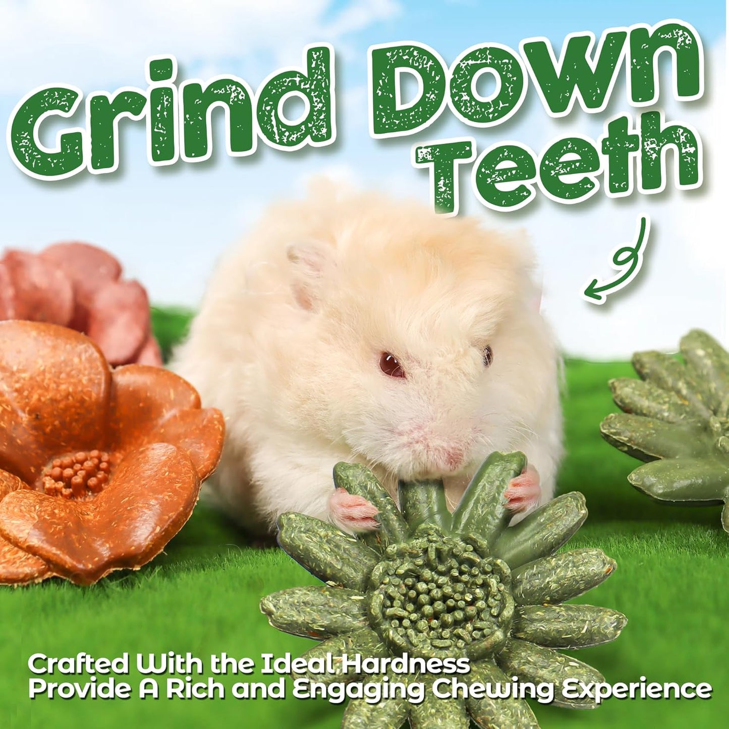 TEEWY 4PCS Guinea Pig Chew Toys, Prevent Teeth Overgrowth, Natural Vegetables and Timothy Grass, Hamster Chew Toys, Guinea Pig Toys, Chinchilla Toys, Grass Patch & Flowers