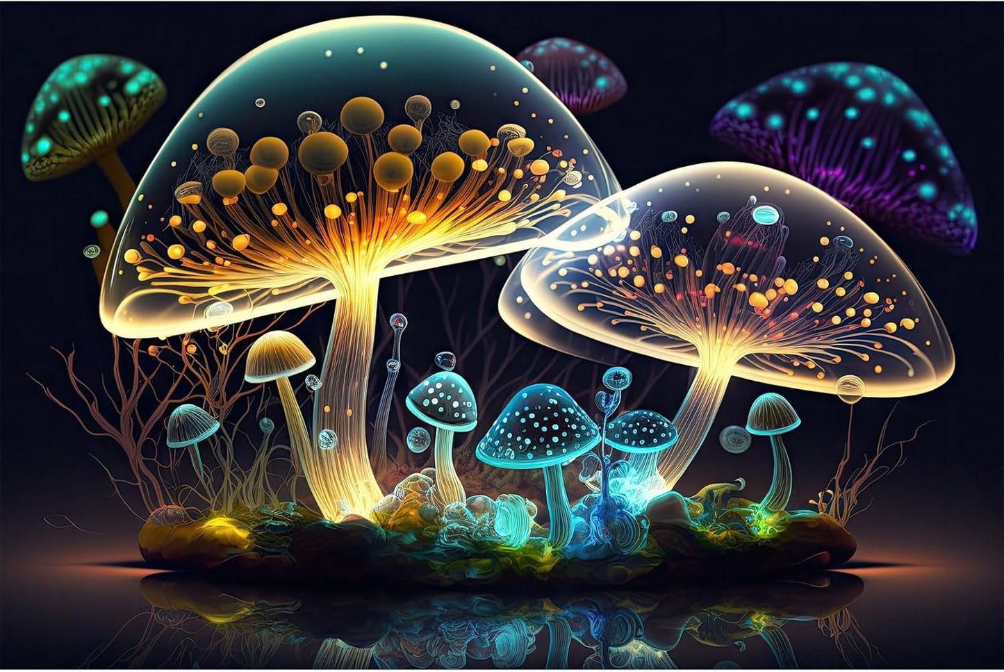 Mushroom Aquarium Background Abstract Glowing Fantasy Mushrooms Terrarium Background Mysterious Forest Magical Night In Circle Shape Crystal Glass Fish Tank Backdrop Decorations Vinyl 60x24in