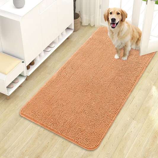 OLANLY Dog Door Mat for Muddy Paws 44x24, Absorbs Moisture and Dirt, Absorbent Non-Slip Washable Doormat, Quick Dry Chenille Mud Mat for Dogs, Entry Indoor Entryway Carpet for Inside Floor, Orange