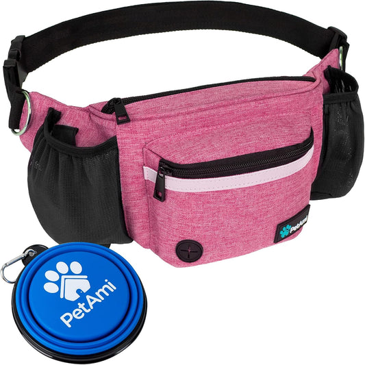 PetAmi Dog Fanny Pack, Treat Pouch for Dog Walking, Training, Built in Poop Bag Dispenser, Water Bottle Holder, Collapsible Bowl, Pet Treat Waist Belt for Hiking, Running, Kibbles (Pink)