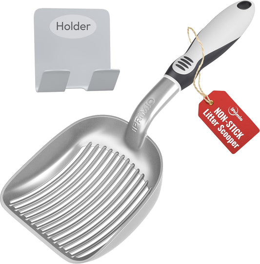 iPrimio Cat Litter Scooper Deep Shovel with Holder - (Silver XL) - Non-Stick Pooper Scooper Shovel Kitty Litter Sifter - Patented Solid Aluminum Poop Scoopers with Long Handle, Easy Grip, Pet Supplies