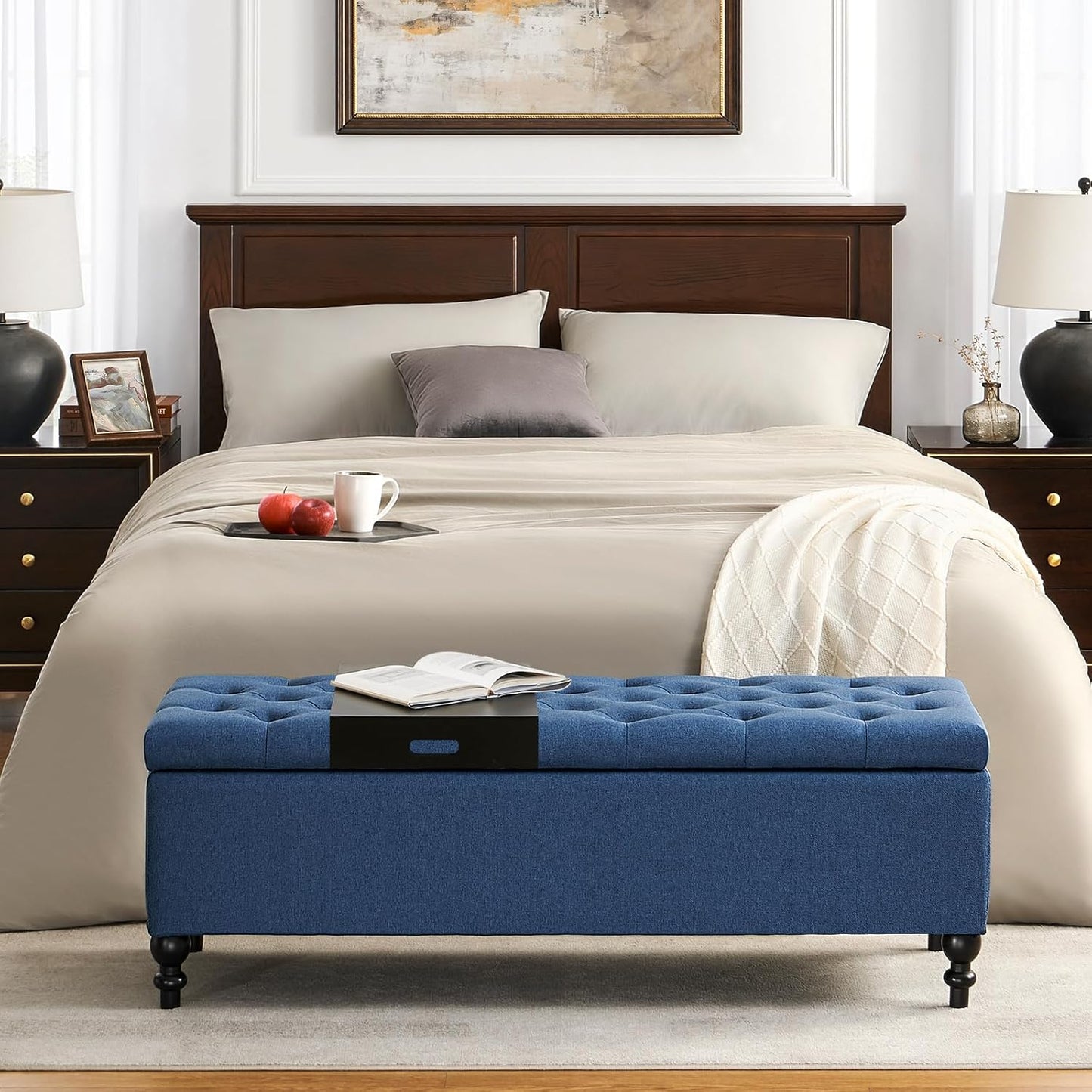 Ottoman with Storage,50.2-inch Upholstered End of Bed Storage Bench for Bedroom,for The Living Room,for Entryway, with Tray & Button and Safety Hinges,Detachable (Blue)