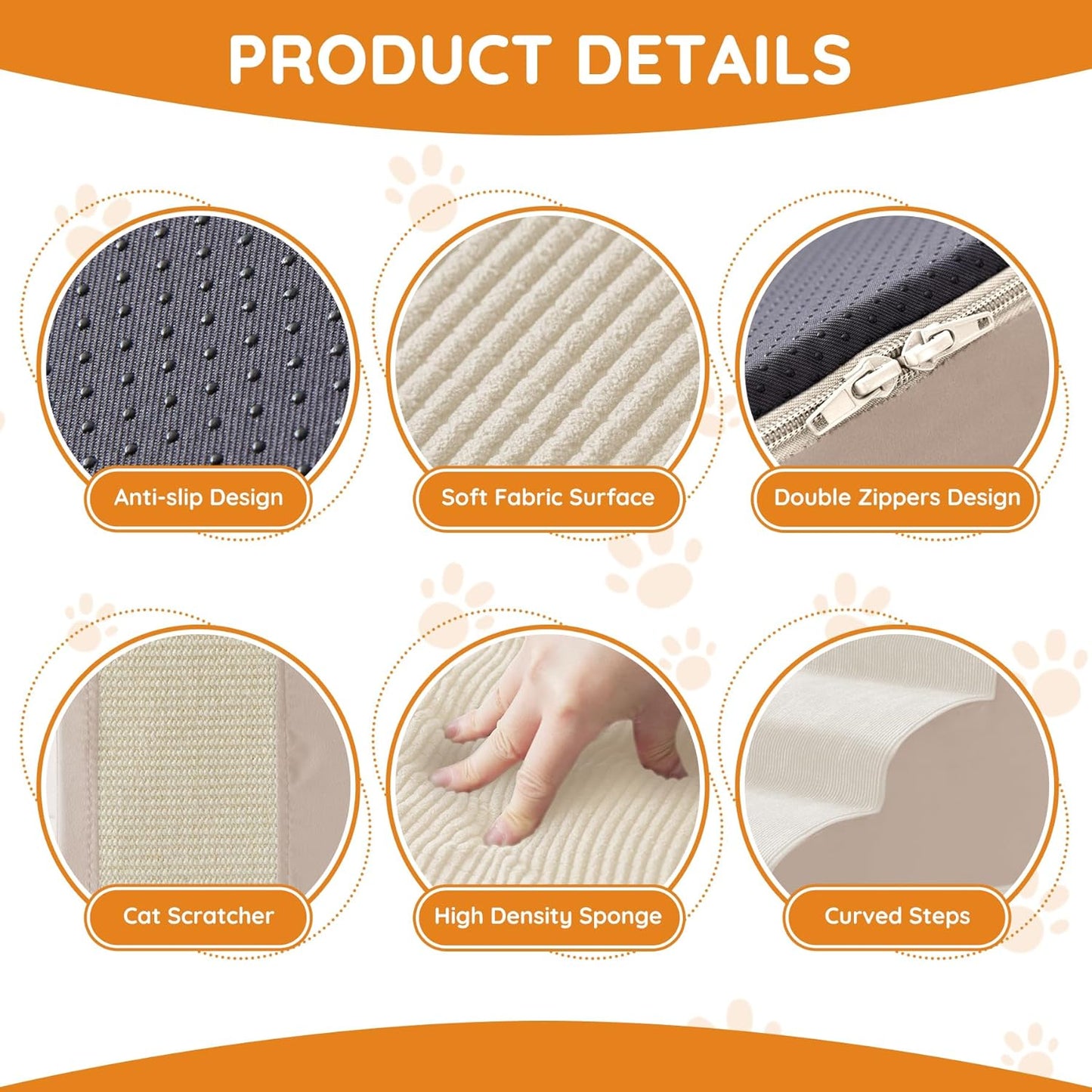 Pet Stairs, Dog Stairs for Small Dogs, Dogs Steps, 5-Step Curved Dog Ramp for Bed, Couch, Sofa, Car and Chairs, Non-Slip Bottom Design, Cat Scratching Board, High Density Foam Portable Pet Step, Beige