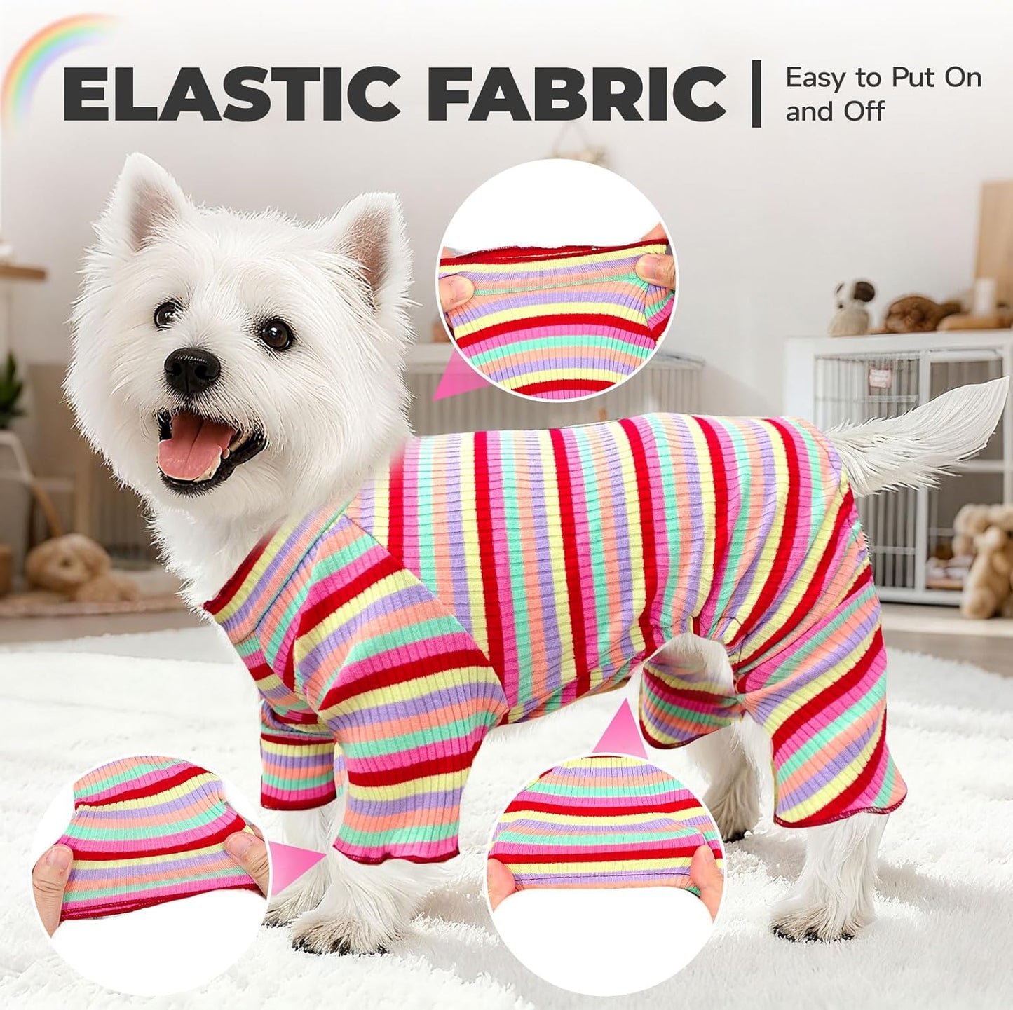 BAEJMJK Striped Dog Pajamas Stretchy Cute Four-Legged Boy Girl Dog Clothes with Sleeves Comfortable Dogs Jumpsuit Colorful Pet Puppy Outfits Apparel for Small Medium Dogs Cats(Red,X-Small)