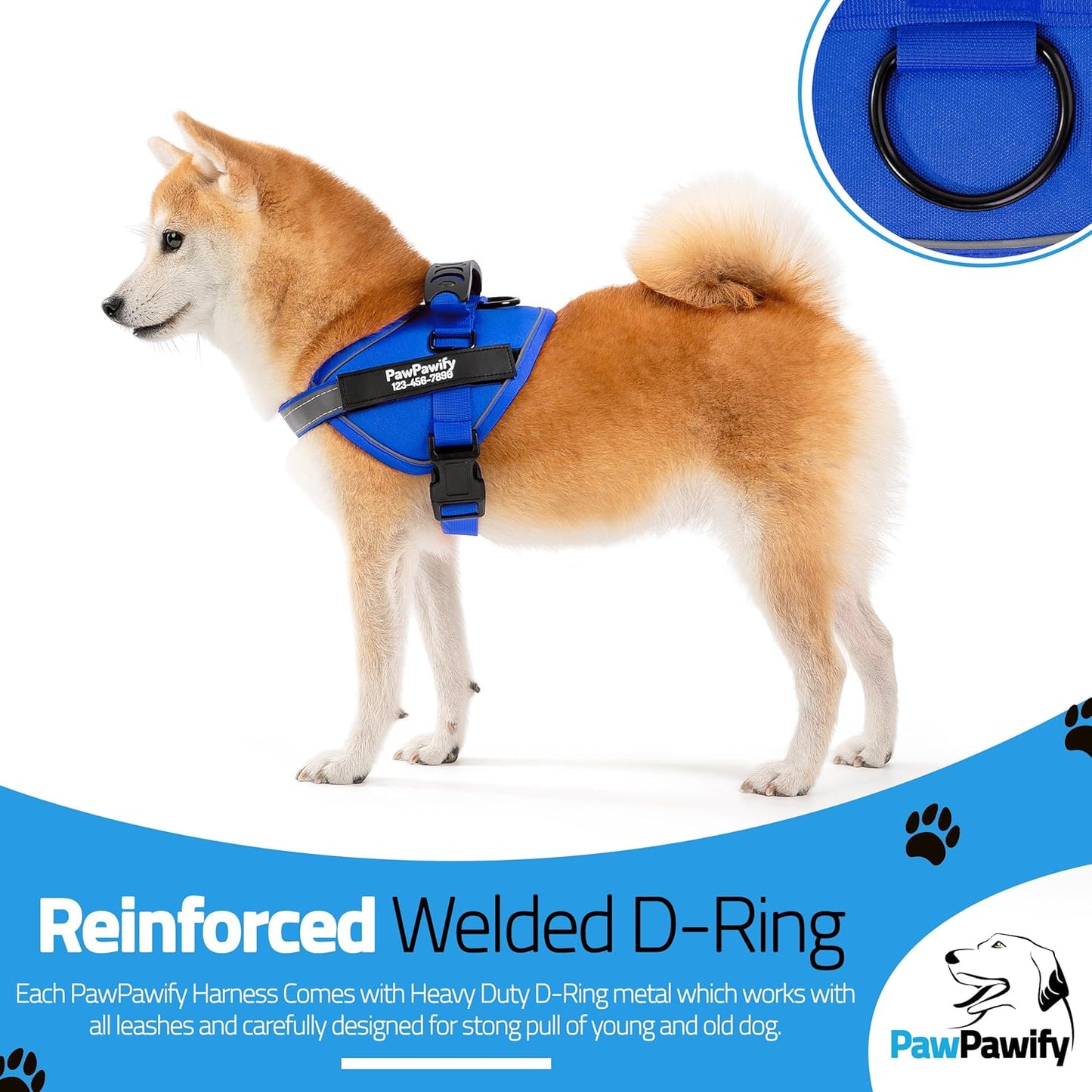 PawPawify Custom No Pull Dog Harness with Name and Phone Number, Heavy Duty Personalized Pet Vest to Prevent Tugging, Pulling, or Choking, Training and Walking (New Blue, XL (60-85 LBS))