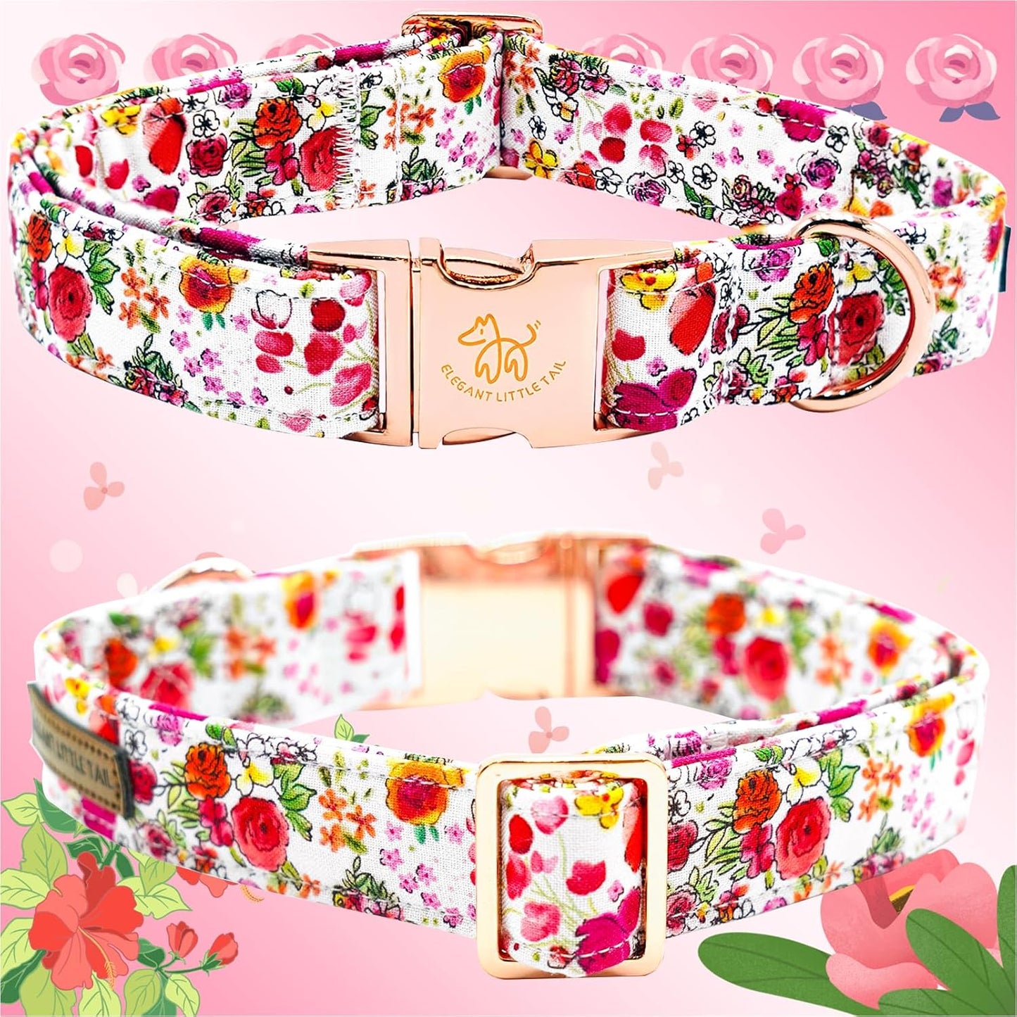 Elegant little tail Dog Collar, Pink Rose Print Pet Collar Summer Dog Collar Durable Metal Buckle Dog Collars Cotton Pet Adjustable Dog Collars for X-Small Dogs