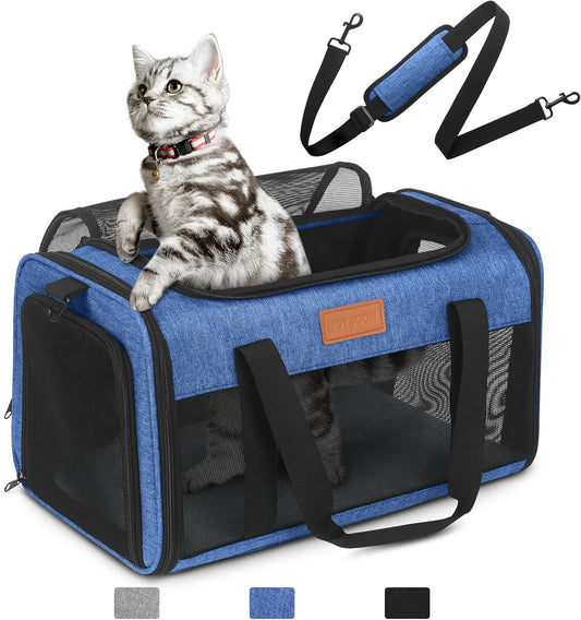 PETUX TSA Approved Pet Carrier in Cabin, 17"x11"x9.5" Soft Cat Carriers for Small Cat up to 12 lb and Puppy up to 10 lb, Top Open Portable Pet Carrier Airline Approved for Travel and Vet Visit (Blue)