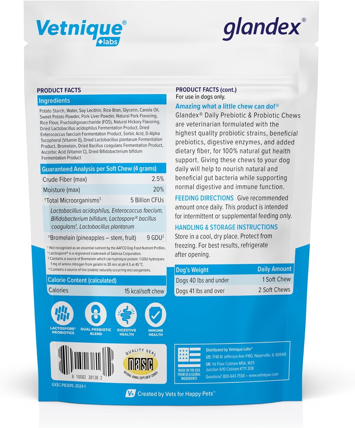 Vetnique Glandex Daily Probiotics for Dogs with Prebiotics to Support Gut Health with Fiber and Digestive Enzymes, Probiotic Chews or Powders (30ct Chews, Bacon Chews)