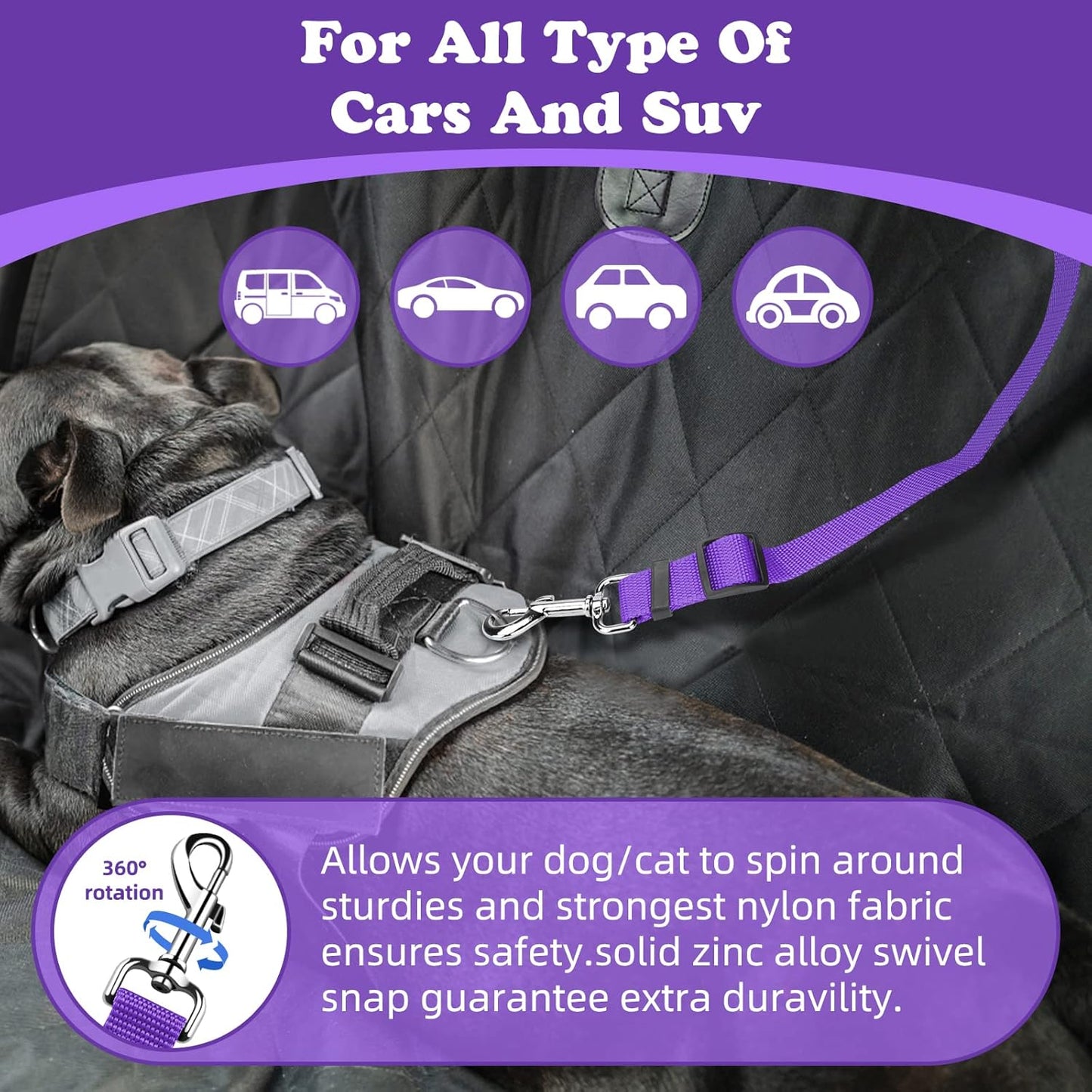 BWOGUE 2 Packs Dog Cat Safety Seat Belt Strap Car Headrest Restraint Adjustable Nylon Fabric Dog Restraints Vehicle Seatbelts Harness Purple