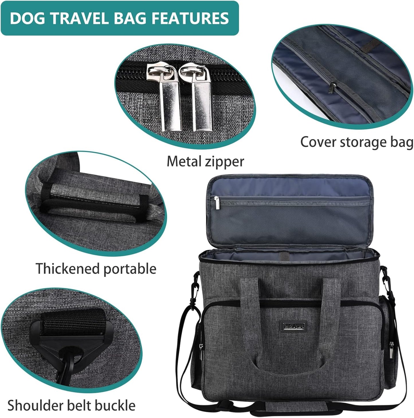 BAGLHER Dog Travel Bag, Airline Approved Pet Tote Organizer with Multi-Function Pockets, 2 X Food Storage Containers and 2 X Collapsible Dog Bowls, Perfect Weekend Pet Travel Set for Dog, Cat Grey