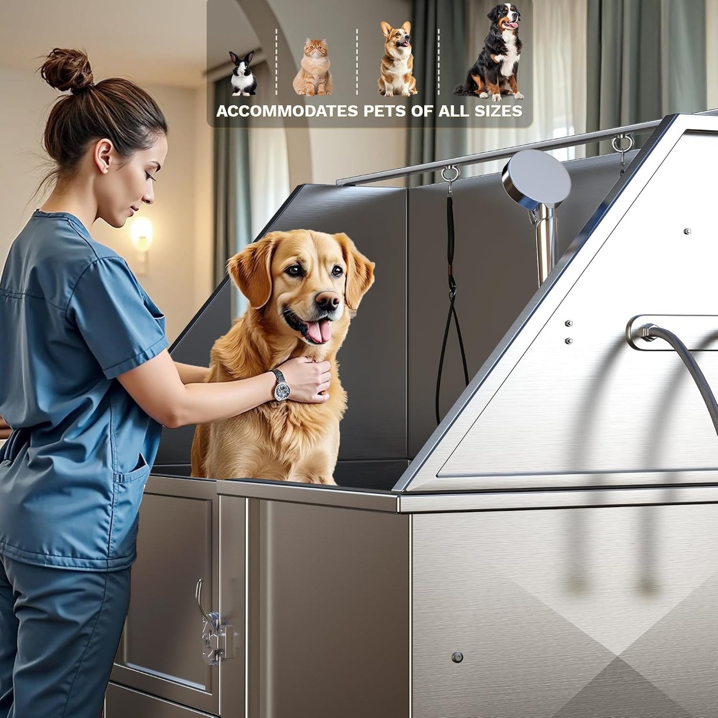 DWVO Professional Pet Dog Bathing Station for Grooming, 50'' Dog Grooming Bathtub with Left Ramp, Floor Grate, Faucet, Showerhead & Soap Holder for Large, Medium & Small Pets