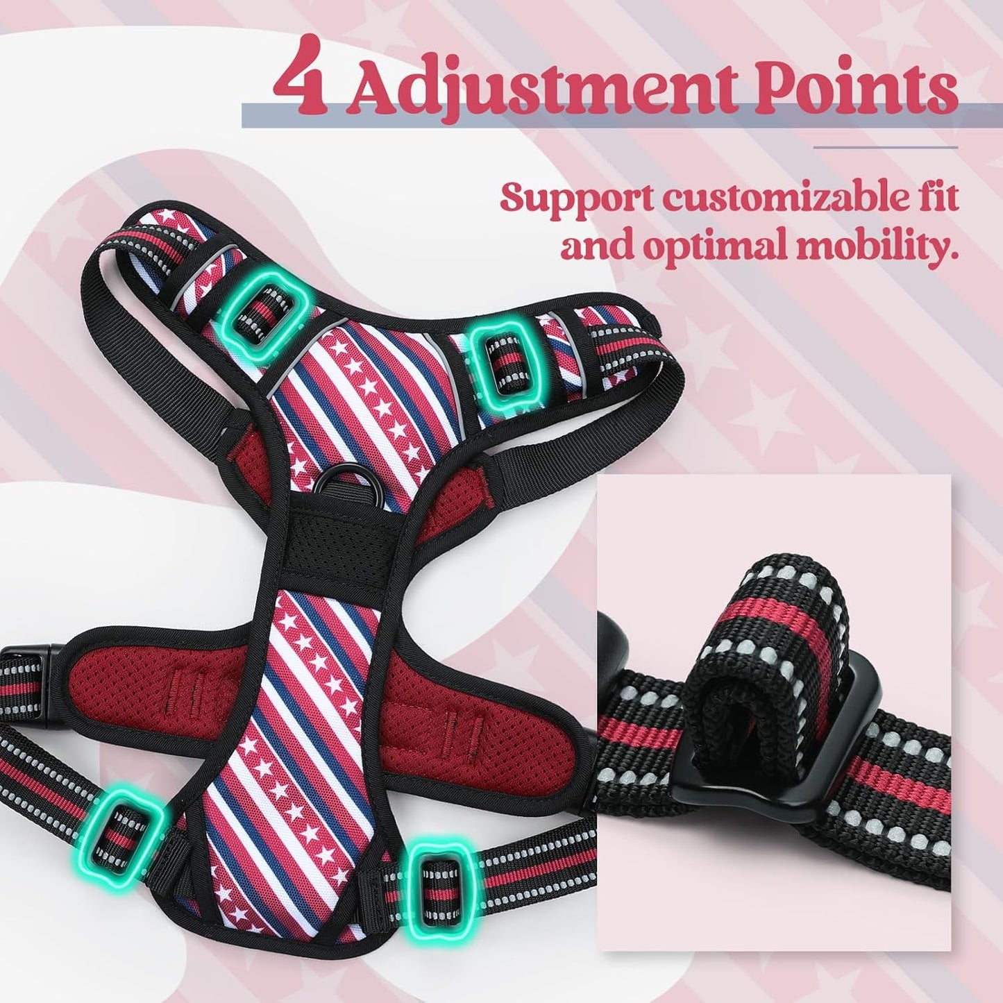 rabbitgoo Dog Harness No Pull with 2 Leash Clips, Adjustable Soft Padded, Reflective Oxford No Choke Pet Vest with Easy Control Handle for Large Dogs, Red Stripe, L