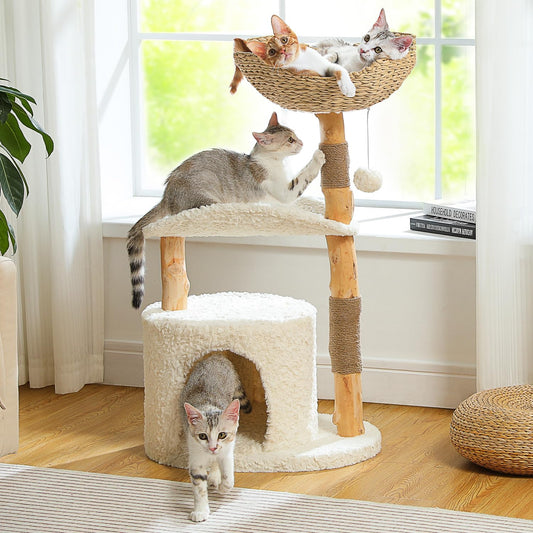 Modern Cat Tree Tower for Large Cats, Wood Cat Tower with Natural Scratching Post, Solid Wood Condo, Real Branch Luxury Cat Furniture with Curved Bed, Top Basket, White