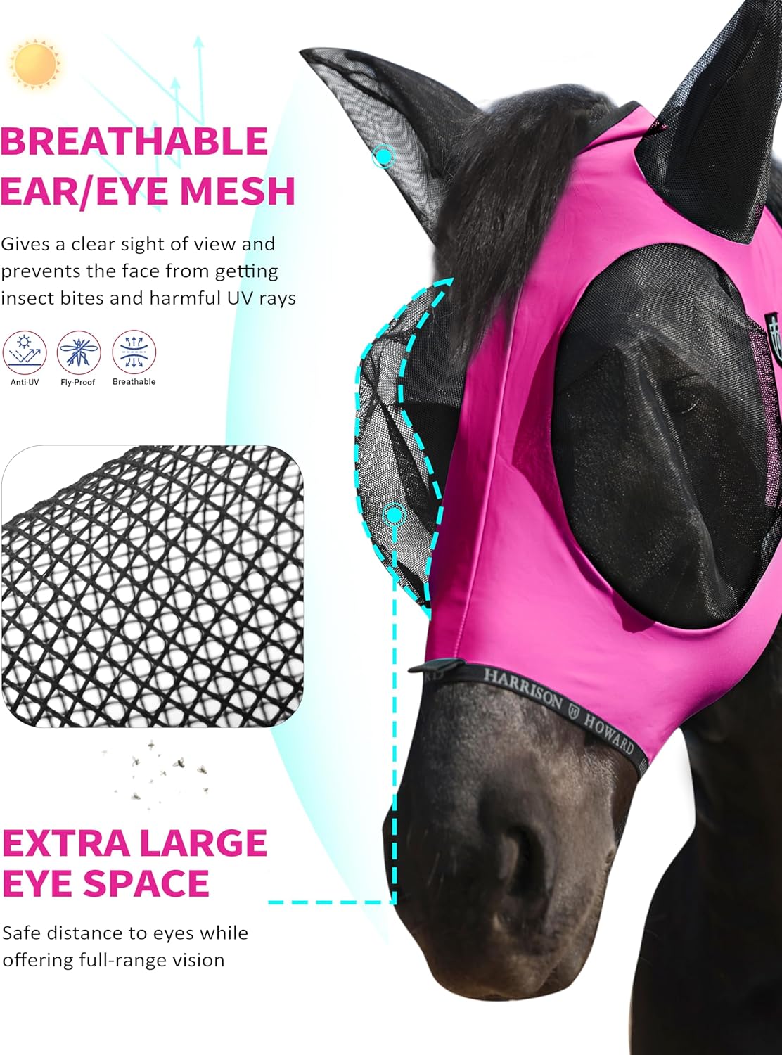 Harrison Howard Horse Fly Mask with Forelock Opening Stretch Breathable and Comfortable for Horses UV -Protection Fuchsia L
