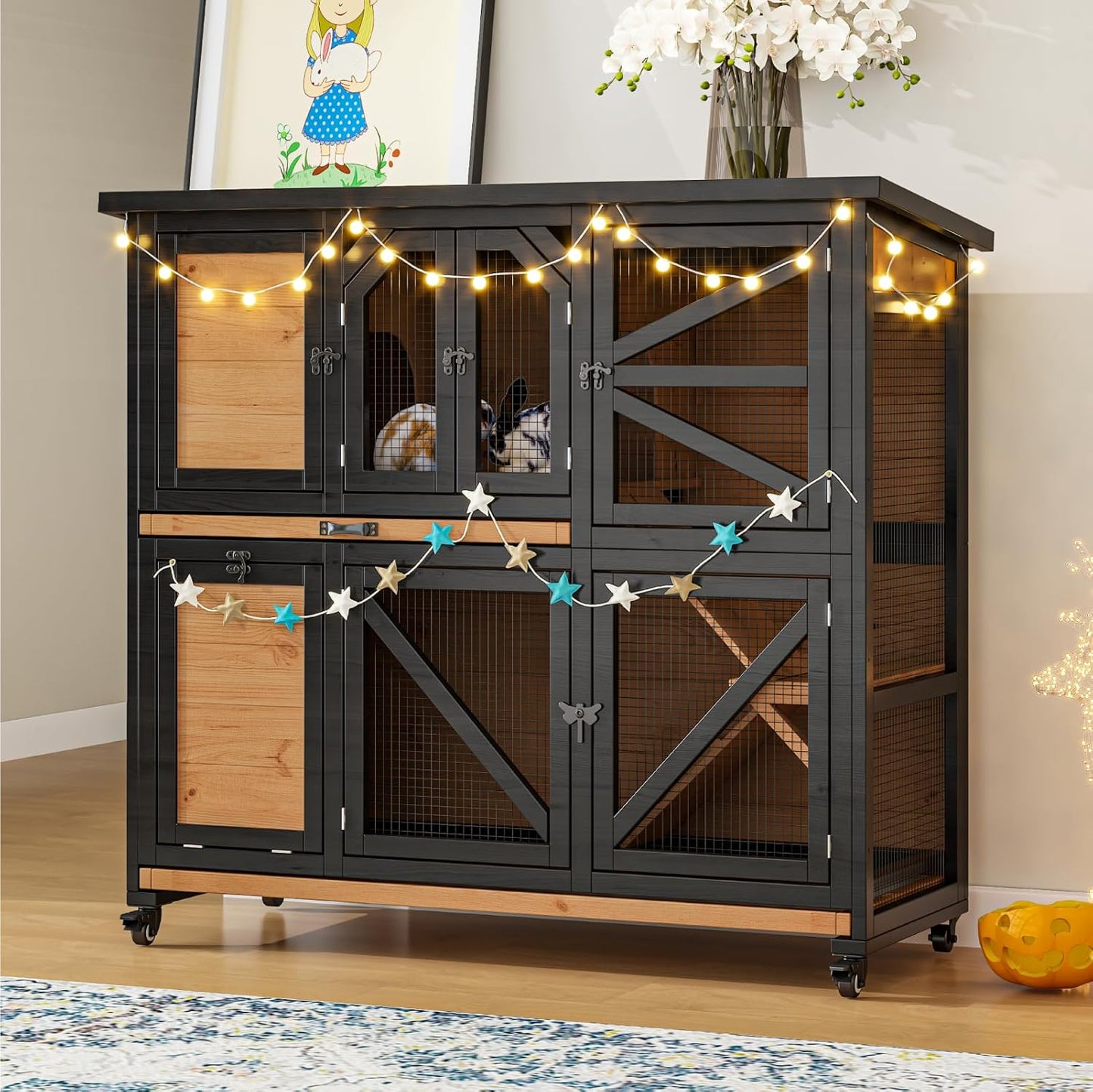 47.3" Two Story Rabbit Cage Bunny Cage Indoor, Wooden Rabbit Hutch Hamster Cages for Small Animals, Outdoor Guinea Pig Cages with Wheels & 2 Removable Trays & Bottom Wire Mesh