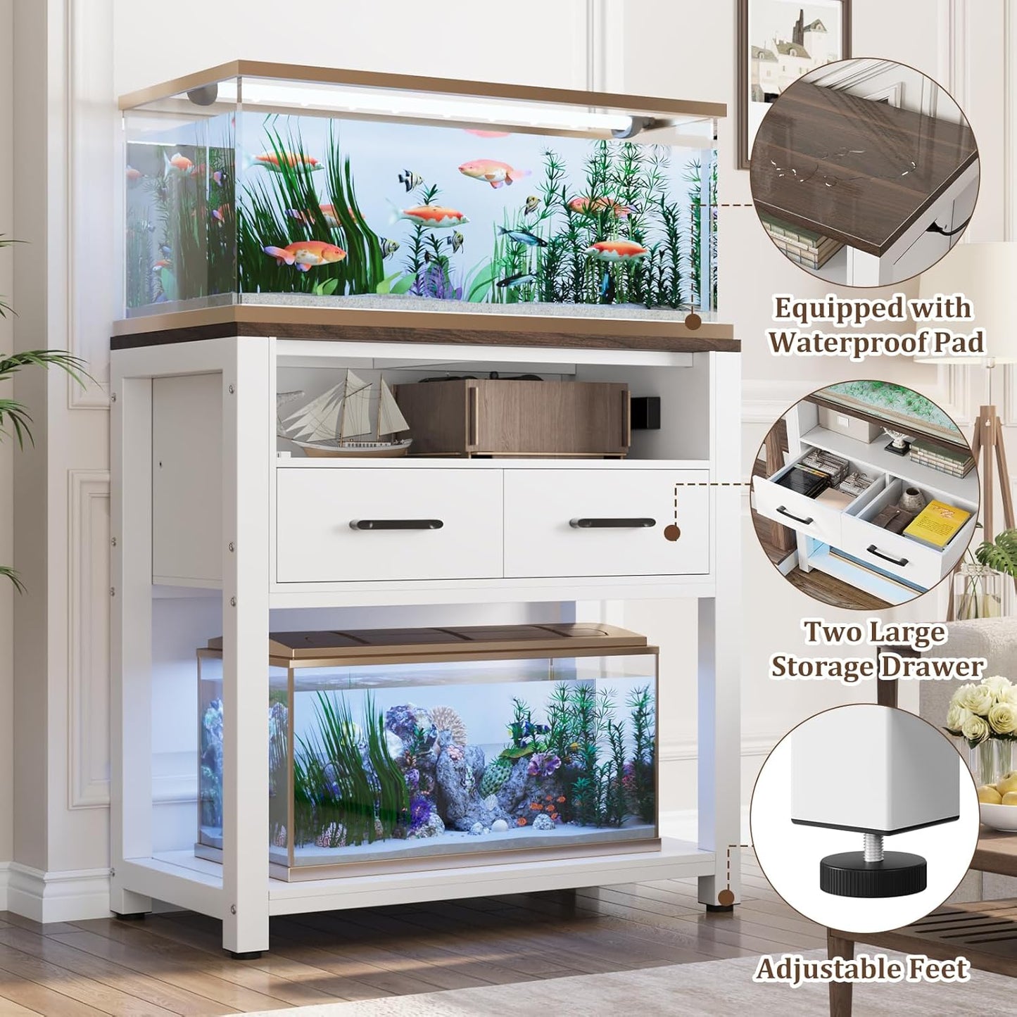 20-29 Gallon Aquarium Stand with Stable Metal Frame & Power Outlet, Heavy-Duty Fish Tank Stand with Waterproof Mat, 550LBS Capacity Storage Cabinet, White+Brown