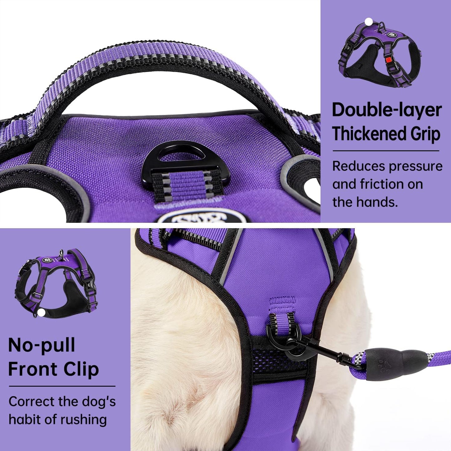 IVY&LANE No Pull Dog Harness for Large Dogs, Dog Vest Harness with Leash, Safety Belt and Storage Strap, Fully Adjustable Harness, 360° Reflective Strip, Soft Handle (Purple, L)