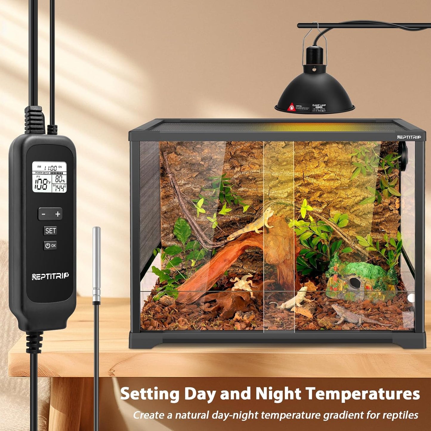 8.5 Inch Day-Night Thermostatic Reptile Heat Light Fixture - Heat Lamp Temperature Controller for Bearded Dragons, Snakes & Lizard – Bulb Not Included (Max 150W)