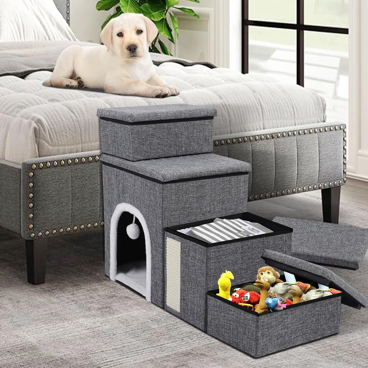 Dog Stairs for Bed and Couch 23“H, Foldable Dog Stairs for Small Older Dogs, 4 in 1 Adjustable Pet Cat Steps Ramps with Storage, Condo, Cat Scratcher, Hold Up to 180LBS, 4 Steps