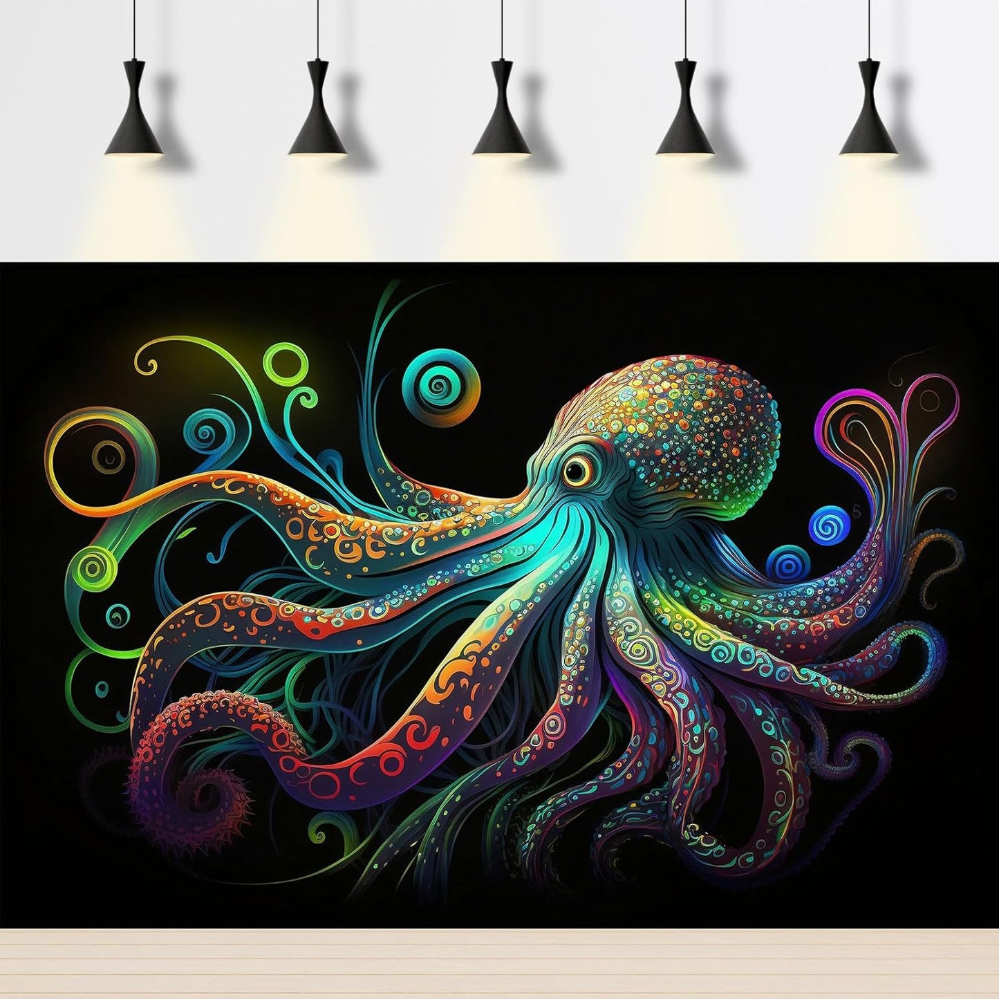 Octopus Aquarium Background Exquisite Colorful Octopus Terrarium Background Glowing Octopus on Black Background Fish Tank Backdrop Octopus Backdrops Poster Wallpaper Decorations Vinyl 72x24in