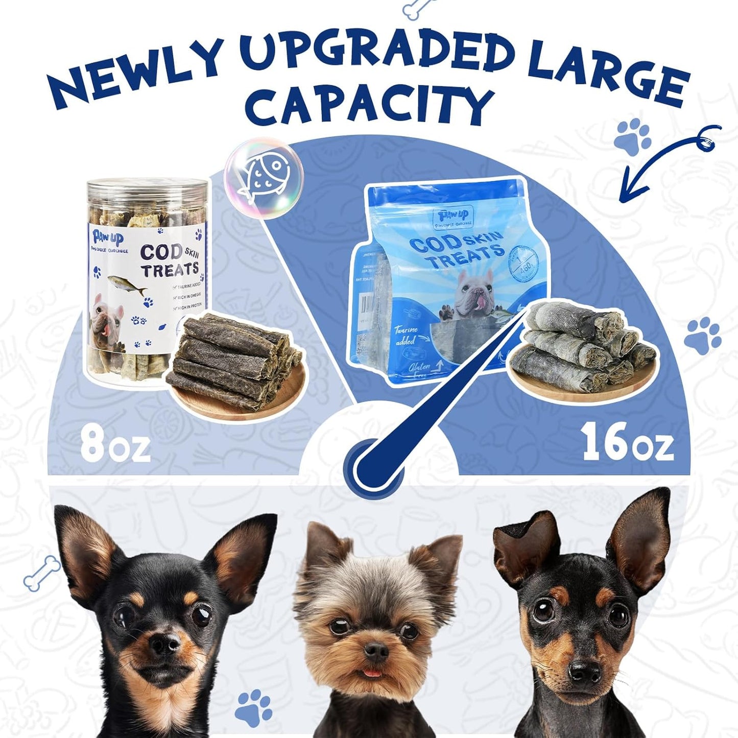 Cod Skin Dog Treats - Natural Fish Roll Snacks w/Taurine, Single Ingredient Chews, Rich in Omega 3, 16.2 oz