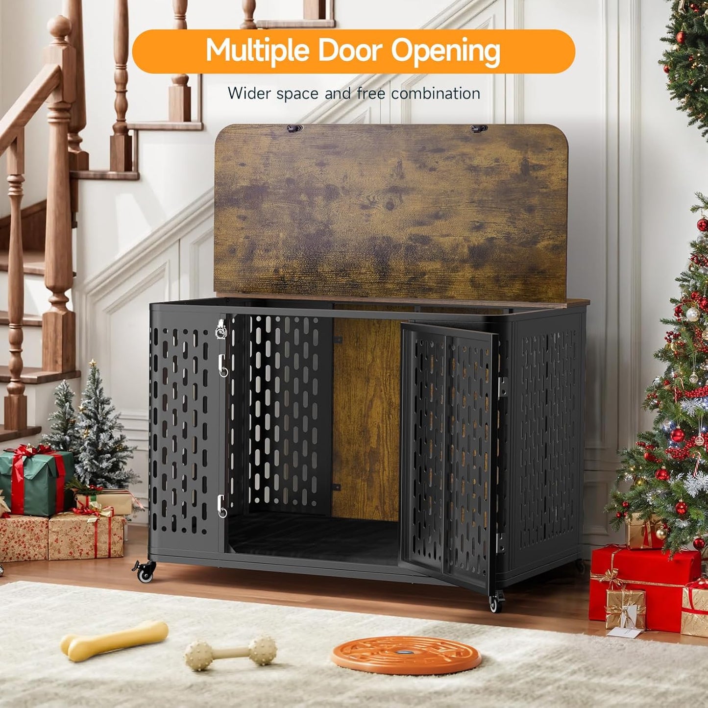 Heavy Duty Dog Crate Furniture for Large and Medium Dogs, 43.7 Inch Large Dog Crate Kennel with Flip Top & Cushion & Wheels, Escape Proof Pet Cage for High Anxiety Dogs