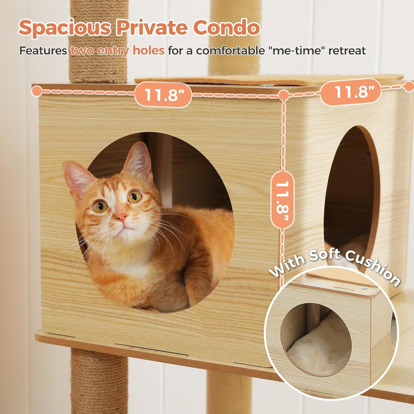 71" Tall Wood Cat Tree for Large Cats, Modern Cat Tower with 2 Acrylic Bowls, Large Top Perch, Spacious Cat Cave (Soft Cushion Included), 10 Sisal Scratching Posts and Non-Slip Jump Platforms