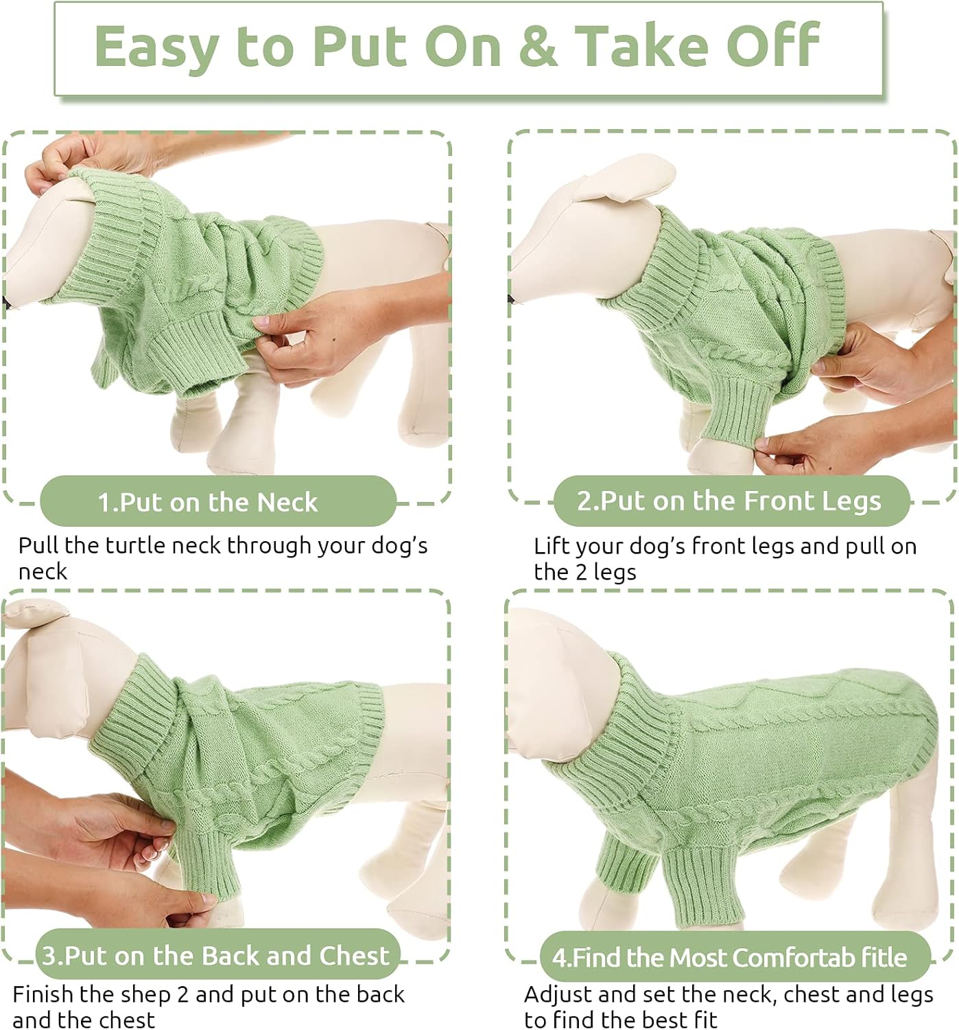 Queenmore Small Dog Pullover Sweater, Cold Weather Cable Knitwear, Classic Turtleneck Thick Warm Clothes for Chihuahua, Bulldog, Dachshund, Pug, Yorkie (Green, Medium)