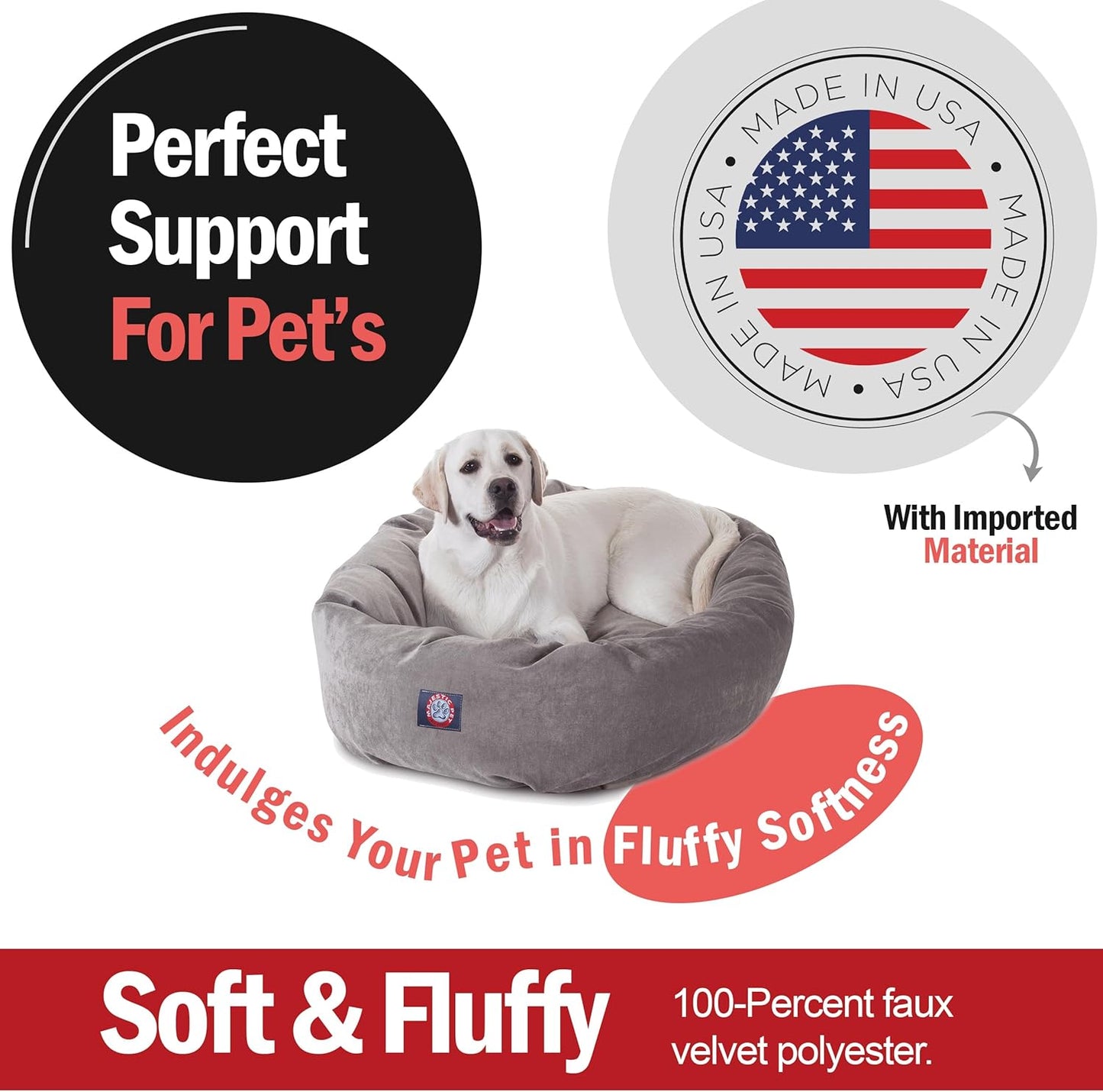 Majestic Pet 40 Inch Micro Velvet Calming Dog Bed Washable – Cozy Soft Round Dog Bed with Spine for Head Support - Fluffy Donut Dog Bed 40x29x9 (inch) – Round Pet Bed Large - Vintage