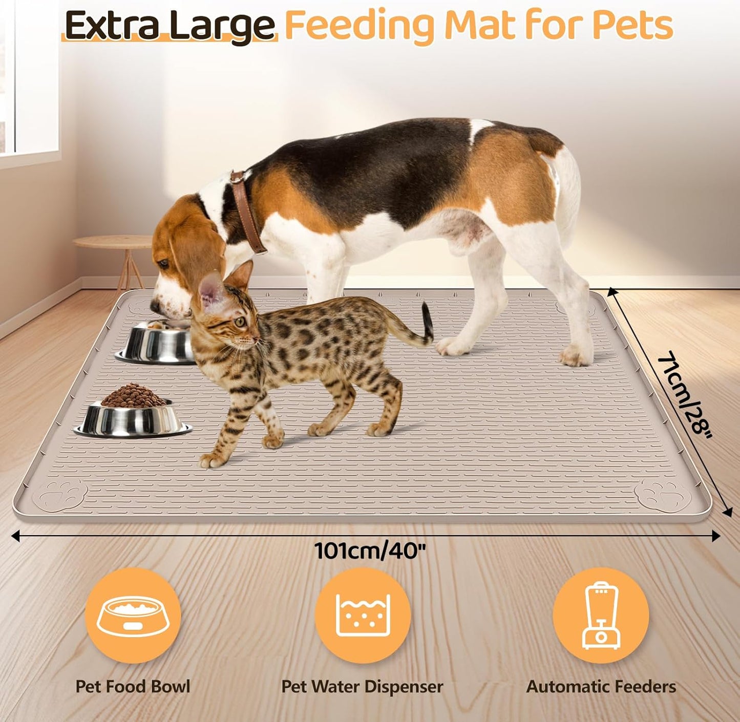 Dog Food Mat, Extra Large 40" x 28" Silicone Pet Feeding Mat for Small, Medium, and Large Pets Non-Slip, Easy to Clean, Khaki