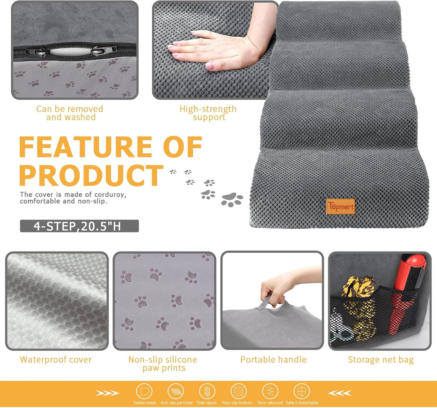 Topmart High Density Foam Dog Steps 4 Tiers,Extra Wide Deep Pet Steps,Non-Slip Dog Stairs Ramp for Bed,Soft Foam Cat Ladder,Best for Older Injured,Older Pets,Cats with Joint Pain