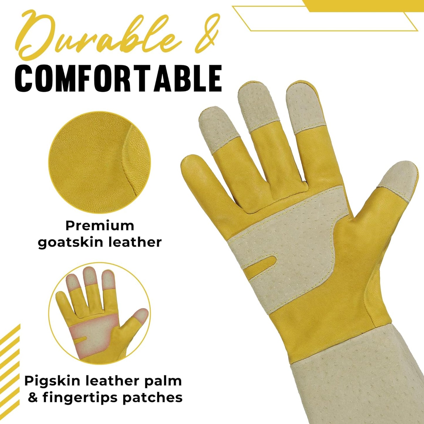 HANDLANDY Rose Pruning Gardening Gloves for Men Women, Thorn Proof Forearm Protection Leather Garden Gloves, Gardening Gifts for Gardeners (Yellow- goatskin, Large (Pack of 1))